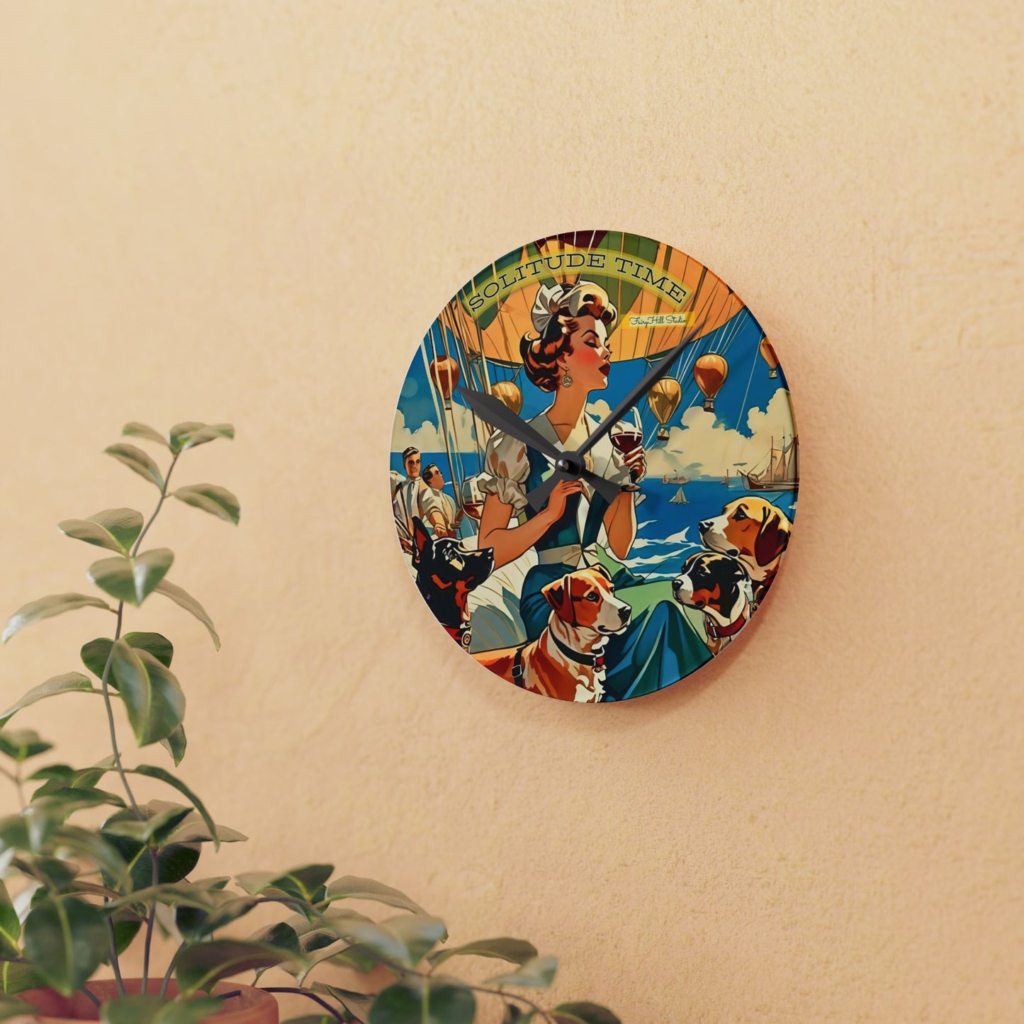 Wall Clock Vintage Nautical Art Woman and Dogs