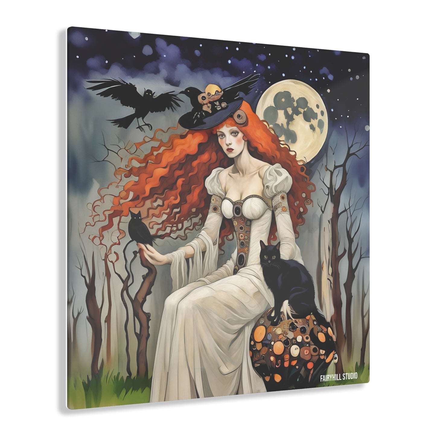 Acrylic Print - Moon Witch with Cat Inspirational Art