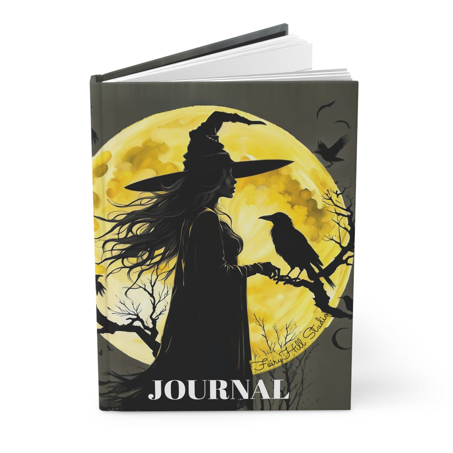 Witch with a black crow on a large moon background Journal