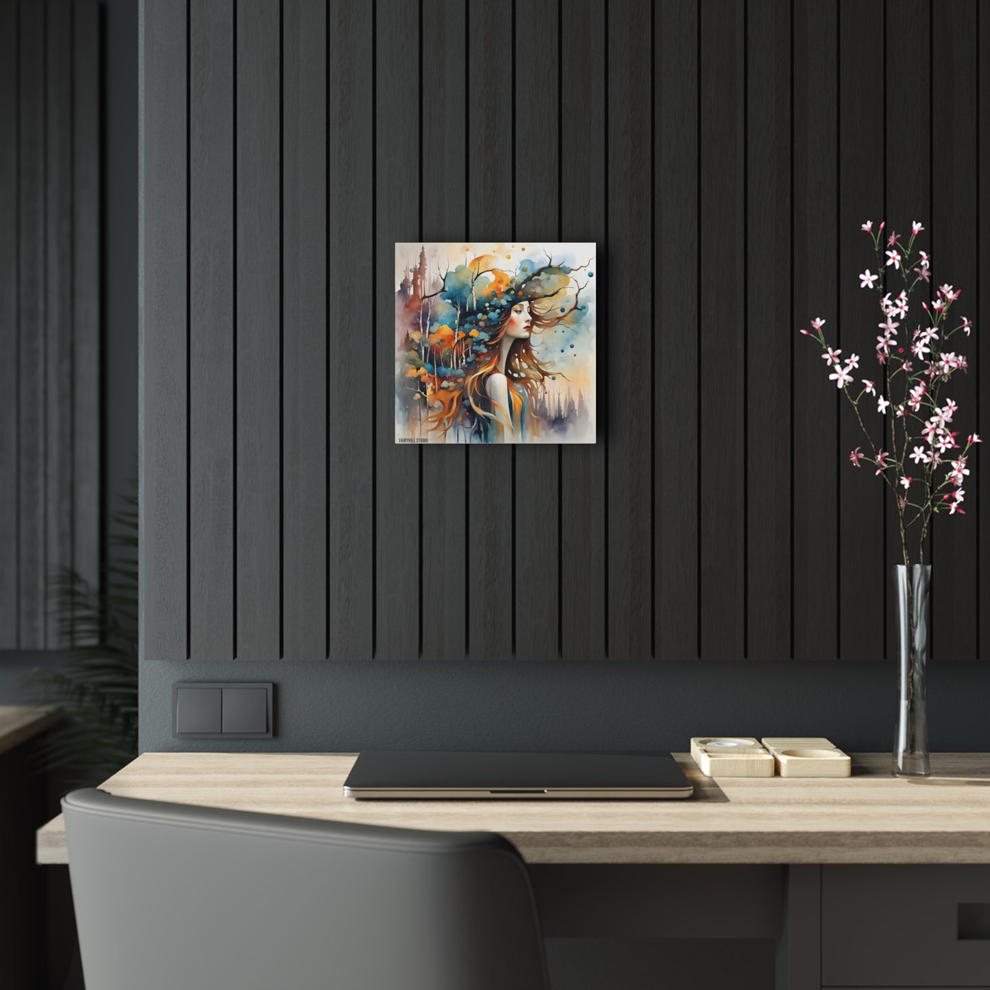 Art Acrylic Prints - Beautiful Girl with Hat in Rainbow Colors Watercolor Art