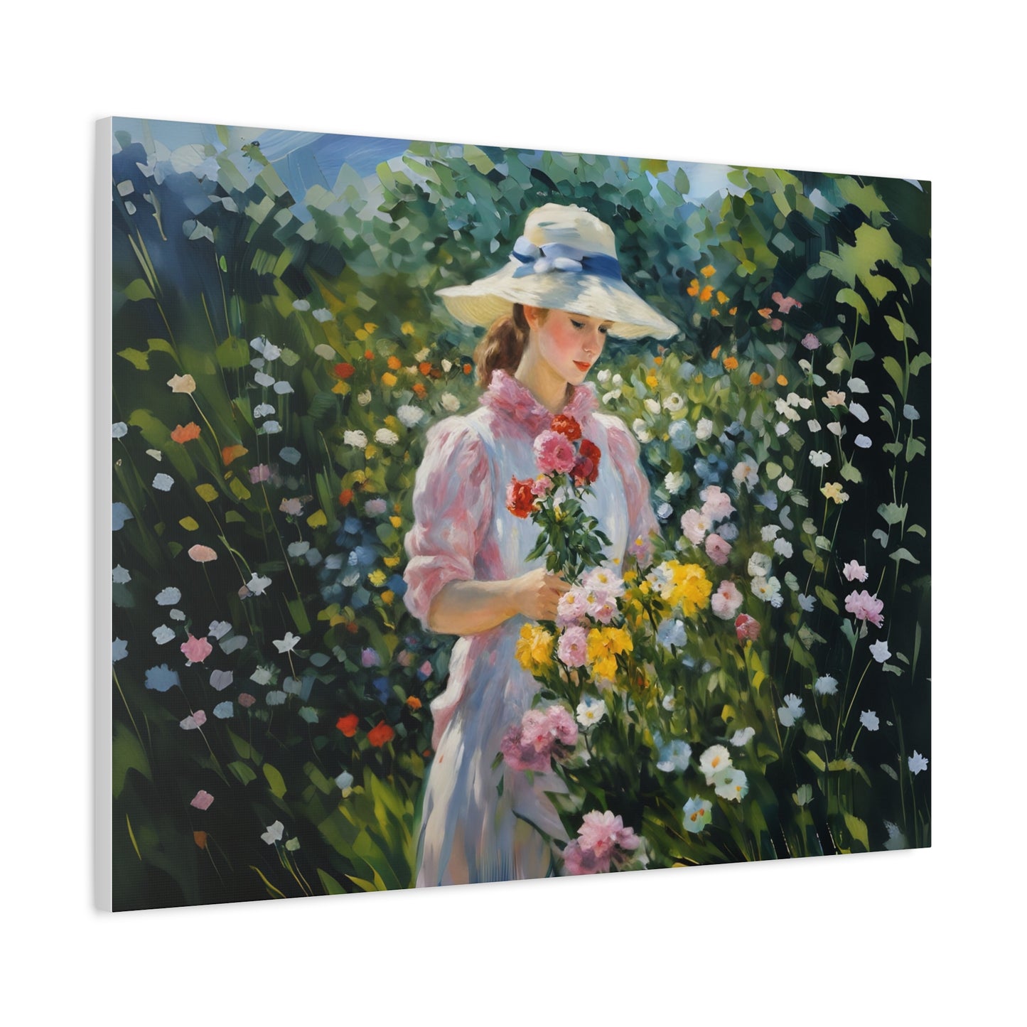 Canvas Art - Monet Style Floral Serenity with Elegant Woman and Flower Basket, Stretched Matte 1 25"
