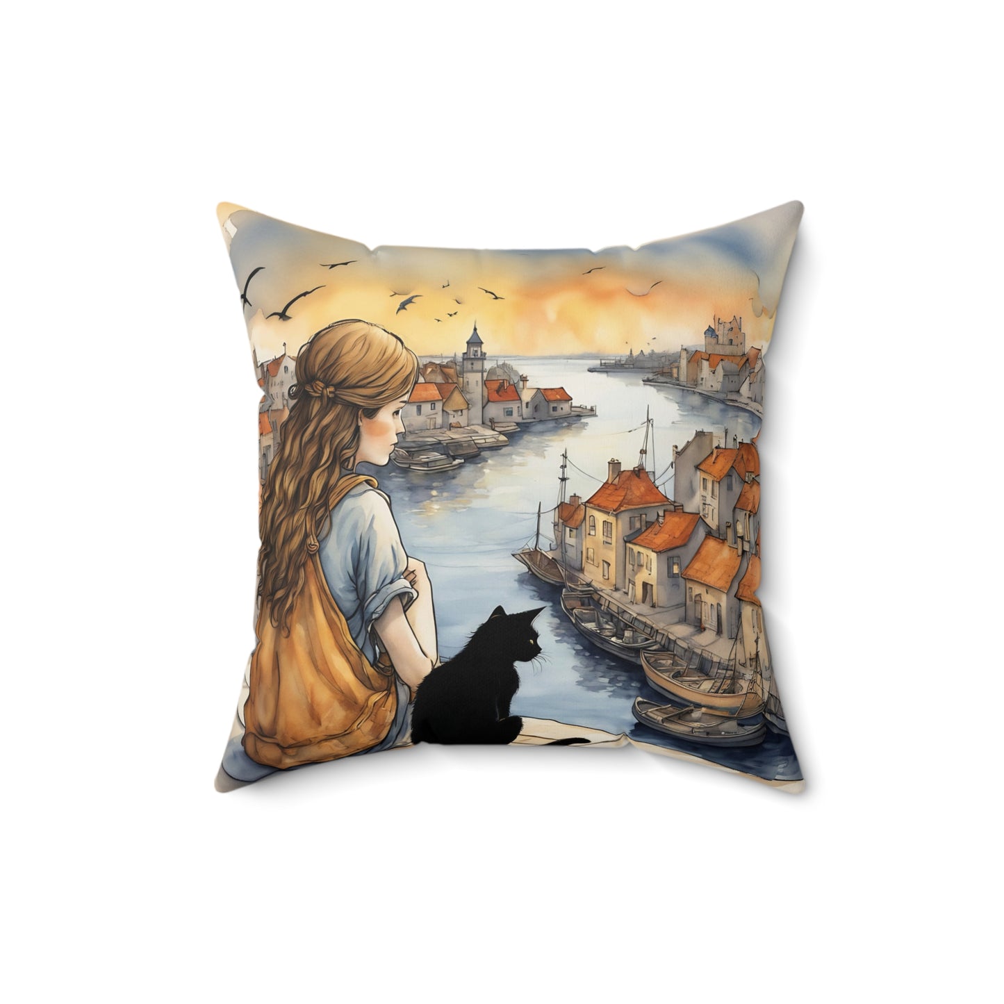 Girl with black cat  Black cat on a balcony  Square Pillow - by Fairyhill Studio