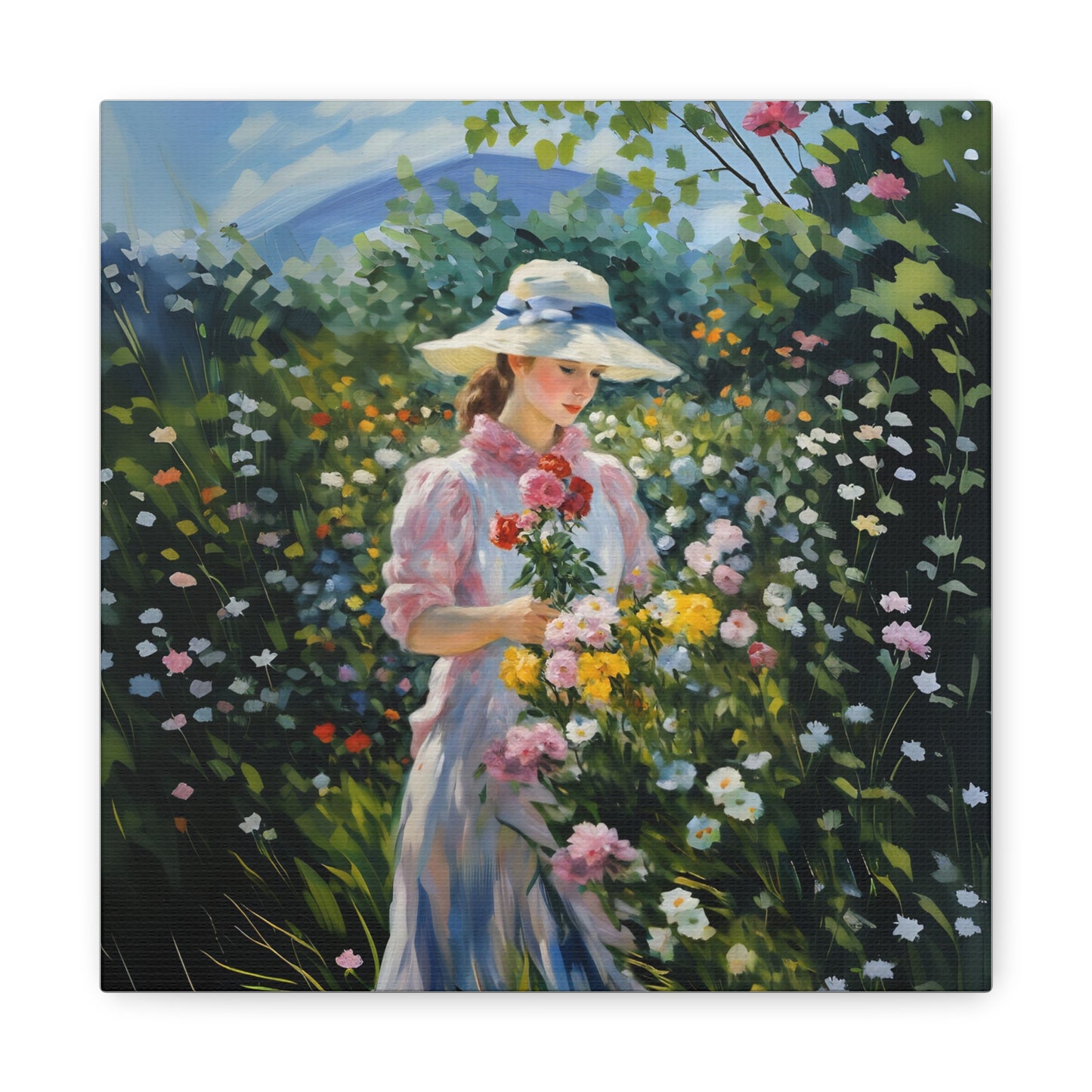 Canvas Art - Monet Style Floral Serenity with Elegant Woman and Flower Basket, Stretched Matte 1 25"