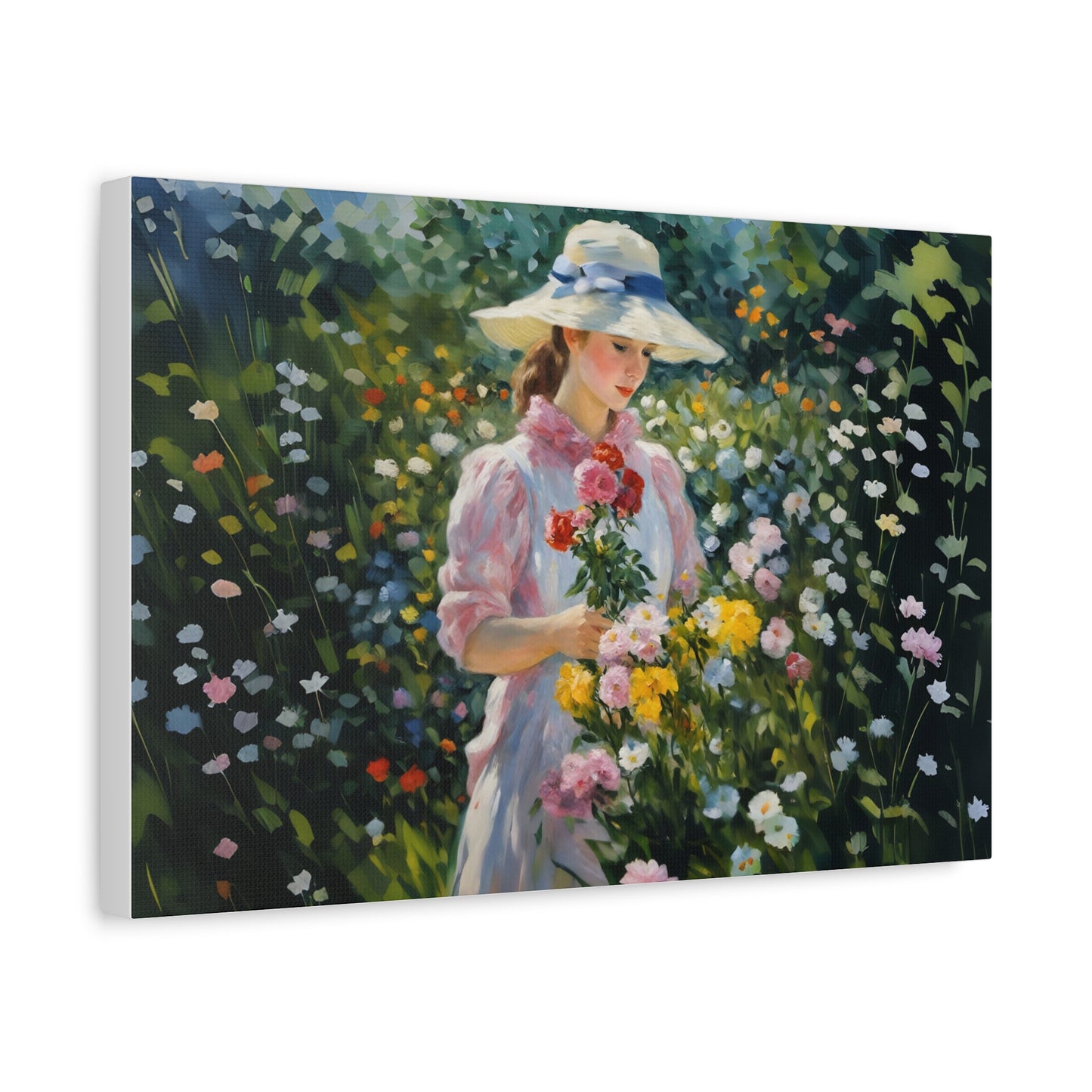 Canvas Art - Monet Style Floral Serenity with Elegant Woman and Flower Basket, Stretched Matte 1 25"