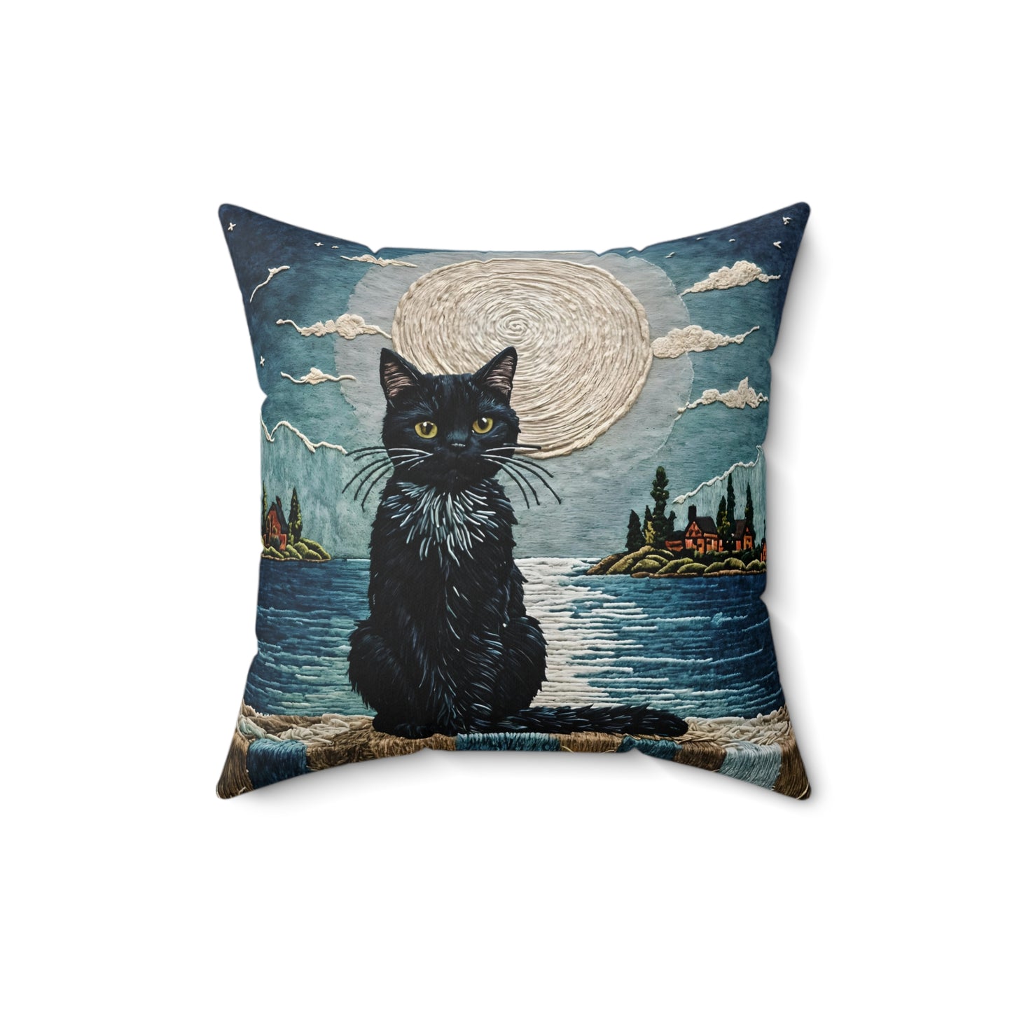Square Pillow - Cute Black Cat Sitting on Wall Sea View Moonlight Design