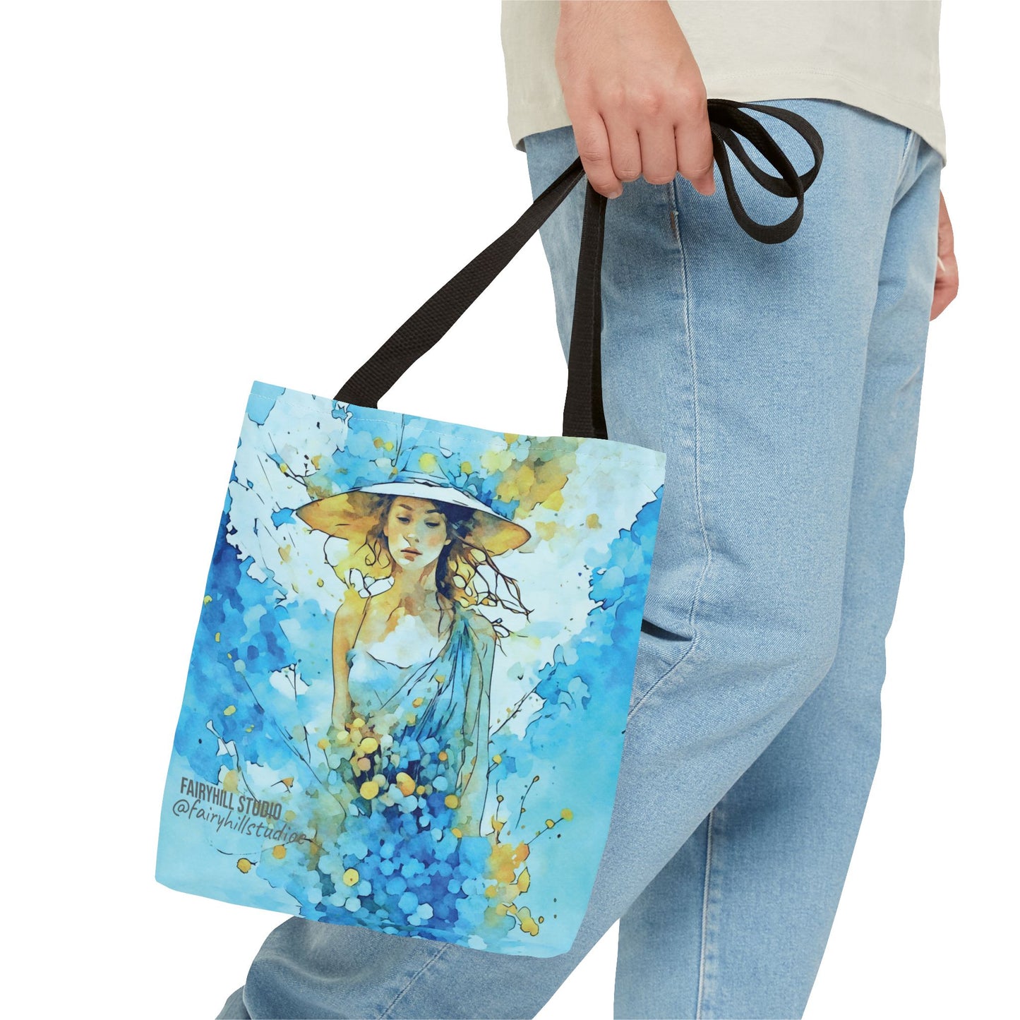 Tote Bag - Blue Summer Art Girl in Blue Dress and Hat