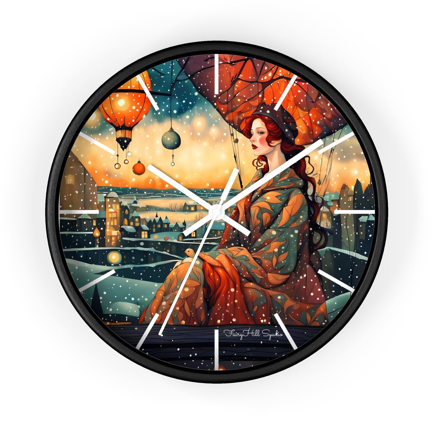 Whimsical City snow Wall Clock, Boho Home Decor, Cat Lover Gift, Cozy Living Room Accessory, Unique Cat Artwork