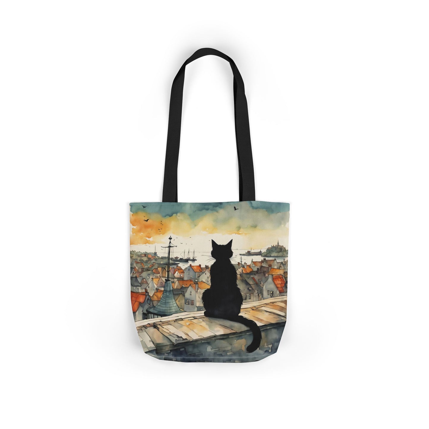 Black cat on a roof top FairyHill Studio Red phone- Canvas Tote Bag - Perfect for Beach Days, Eco-Friendly Shopping, and Summer Fun!
