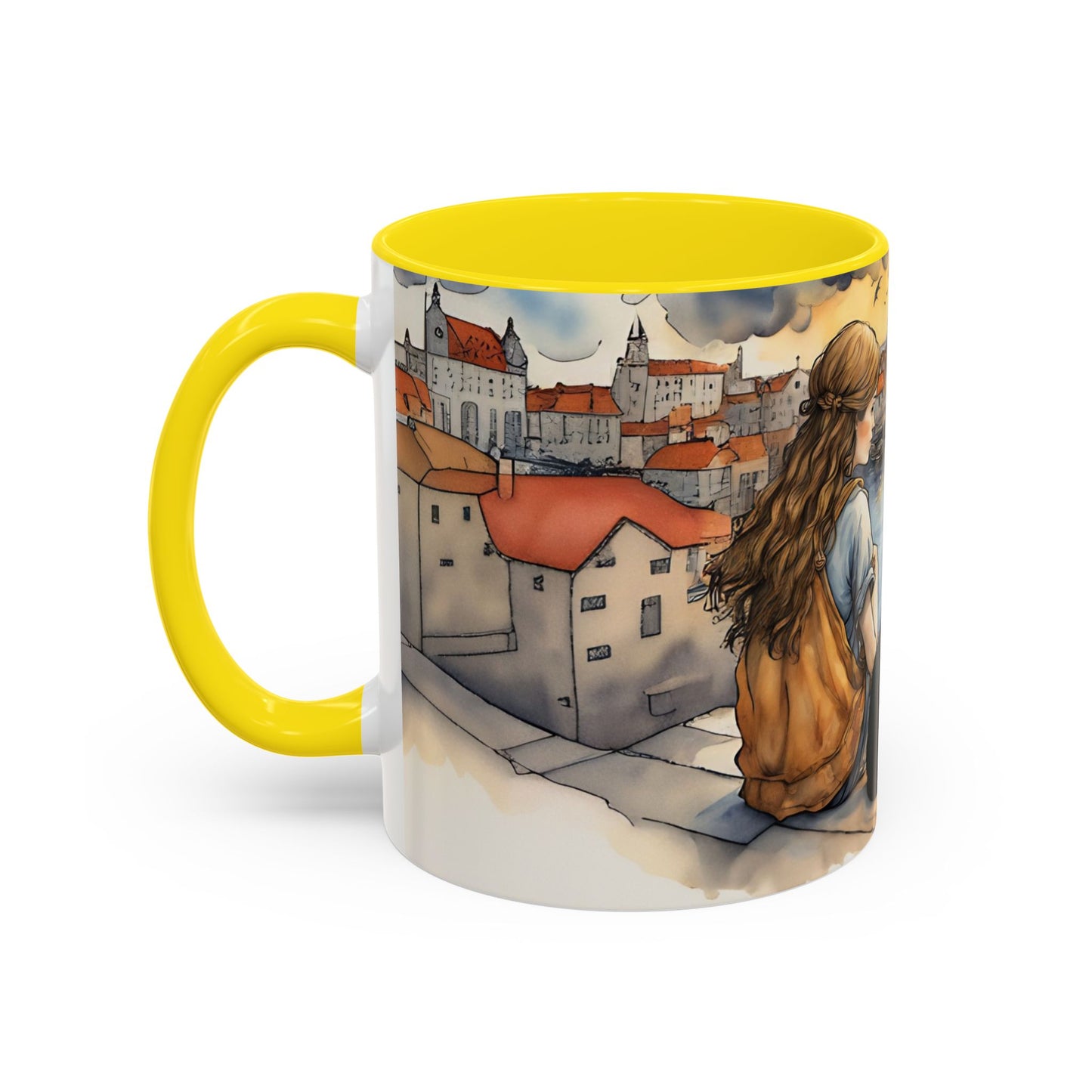 Girl with Black cat on a roof top Art-Themed Coffee Mug - 11 & 15oz Accent Mug for Musroom Fsiry Lovers
