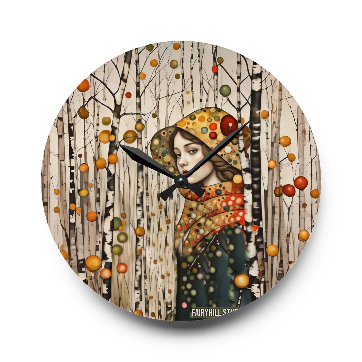 Acrylic Wall Clock - Autumn Girl in Birch Forest Art by Fairyhill Studio