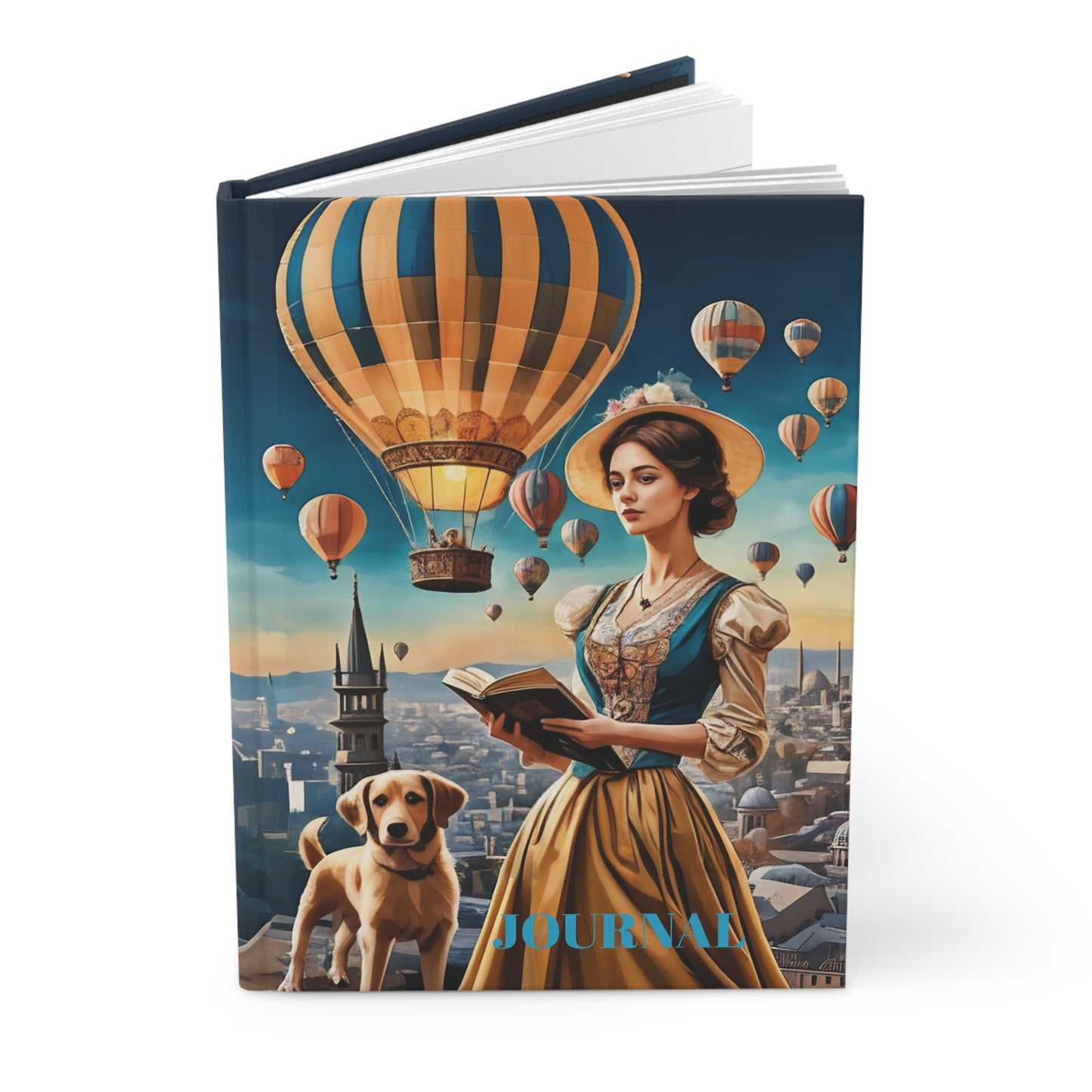 Hardcover Journal Matte - Hot Air Balloons and Victorian Girl Reading Book Design