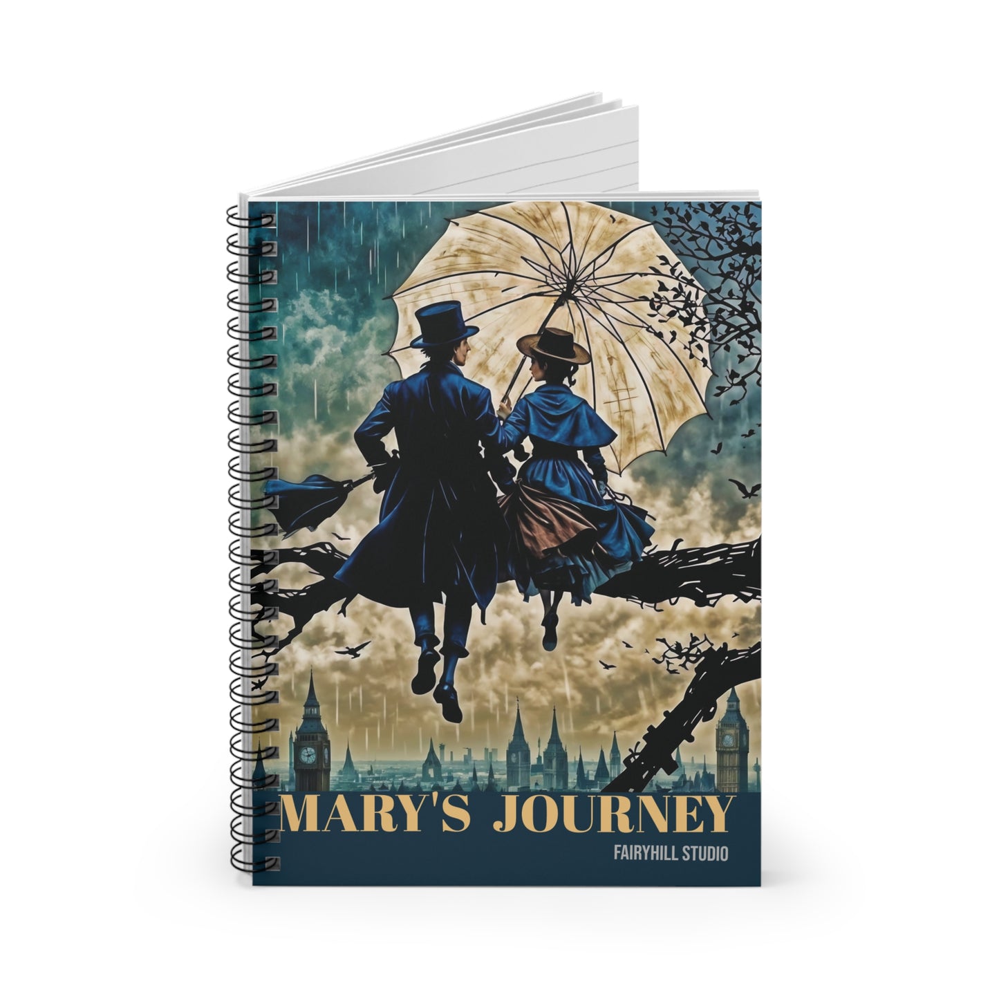 Notebook Journal - Young Couple Watching London City Under Rain with Umbrella, Ruled Line