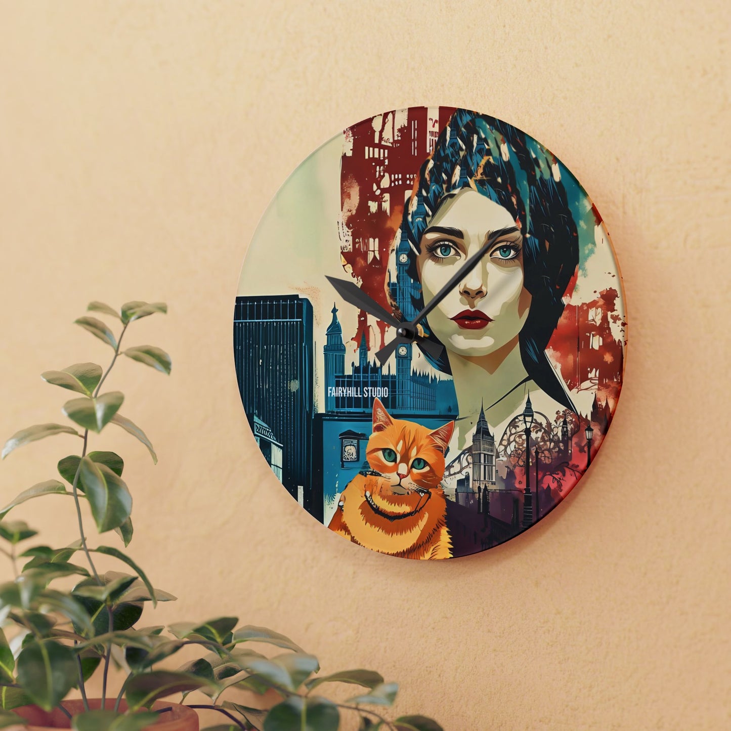 Acrylic Wall Clock -Model with a Yellow cat in London /Art