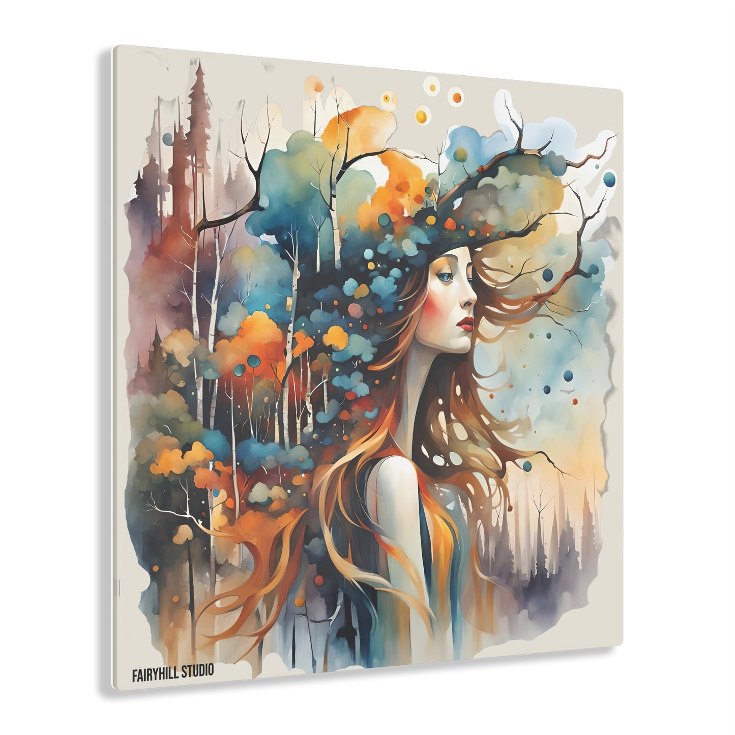 Art Acrylic Prints - Rainbow Colors Watercolor Beautiful Girl with Hat