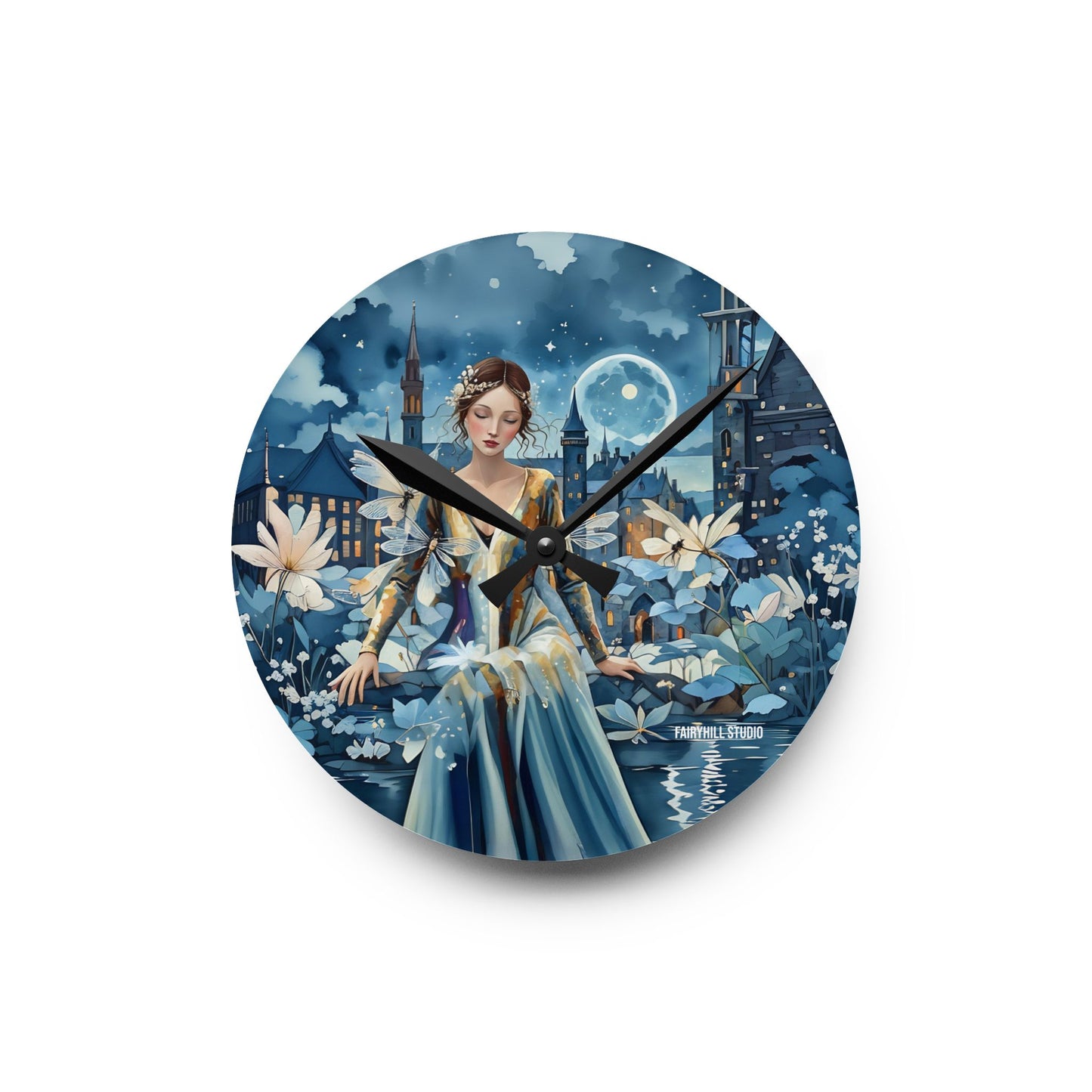 Acrylic Wall Clock Beauty in Blue with dragonflies /Art