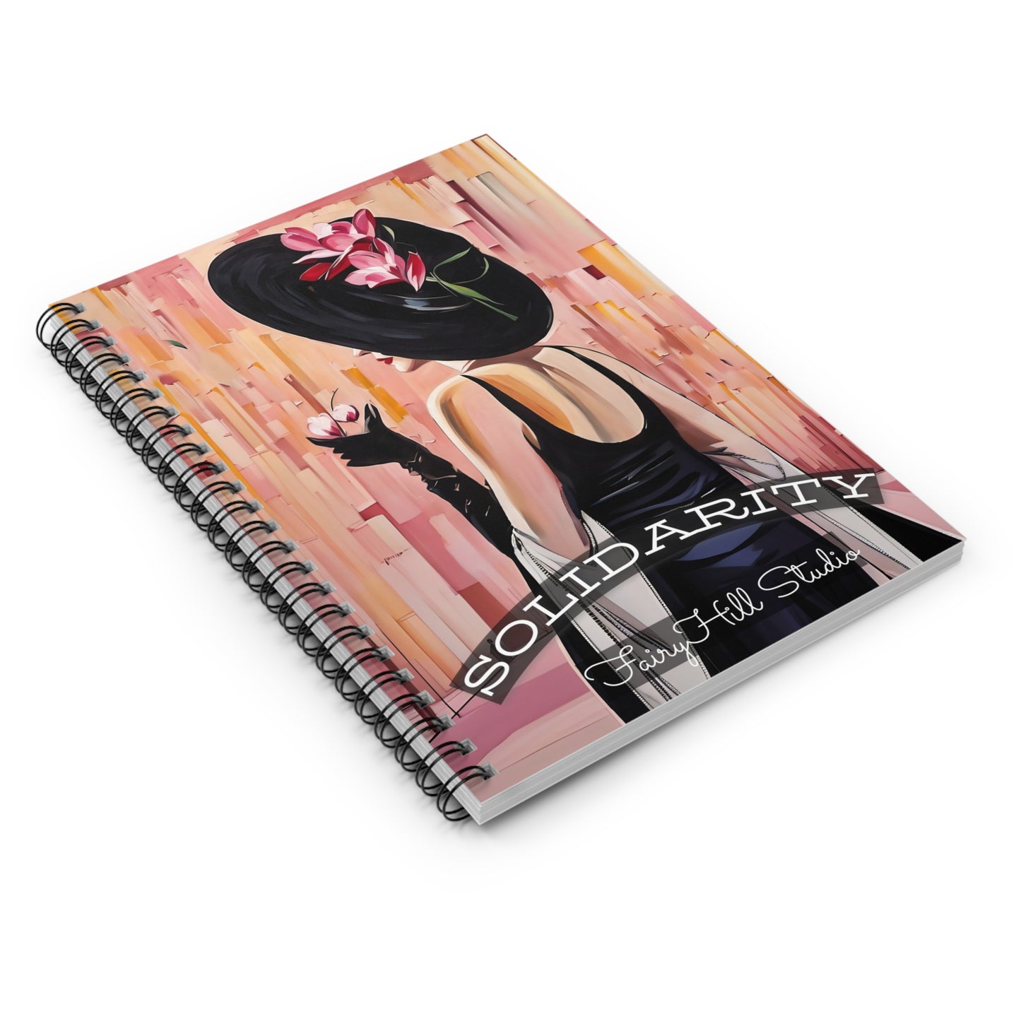 Spiral Notebook - Lady in Black Dress and Hat with Martini Glass Art, Black/Pink Tones