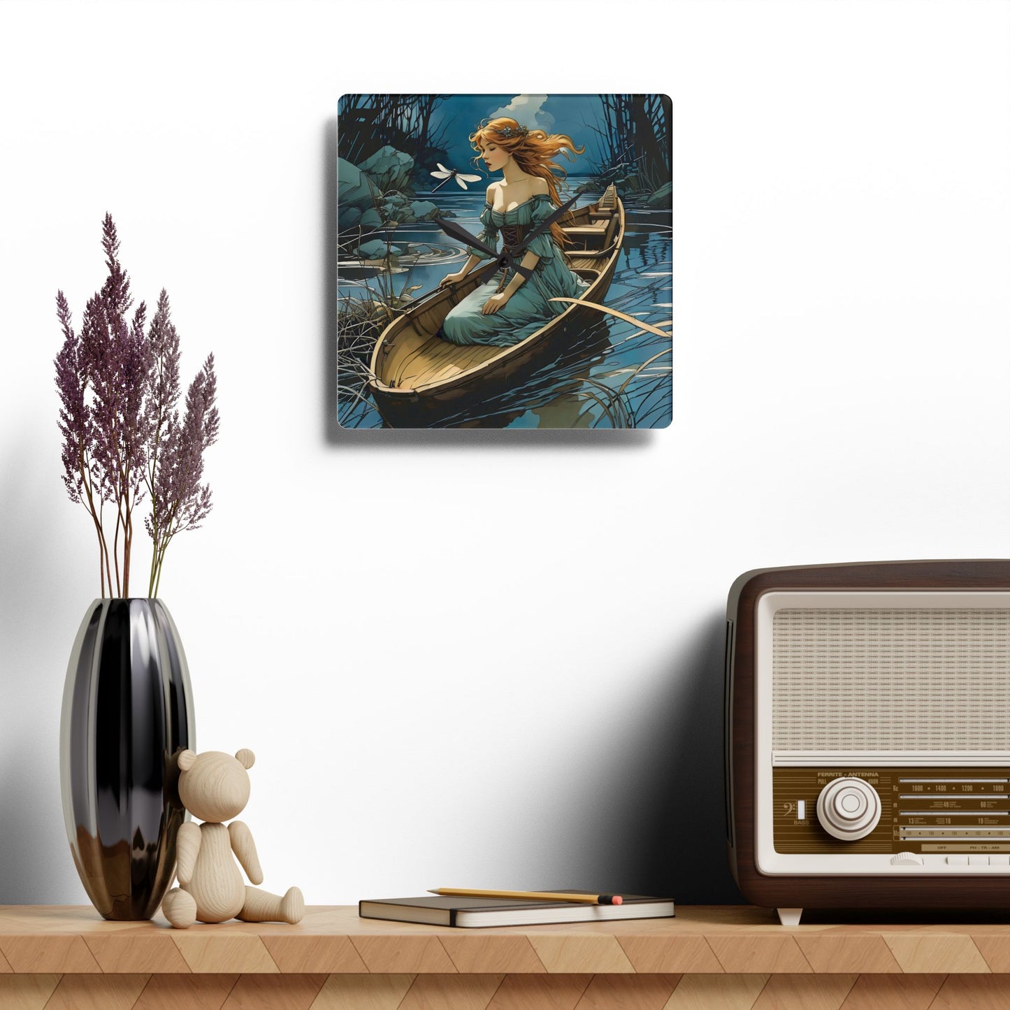 Acrylic Wall Clock Woman in a boat with a Dragonfly