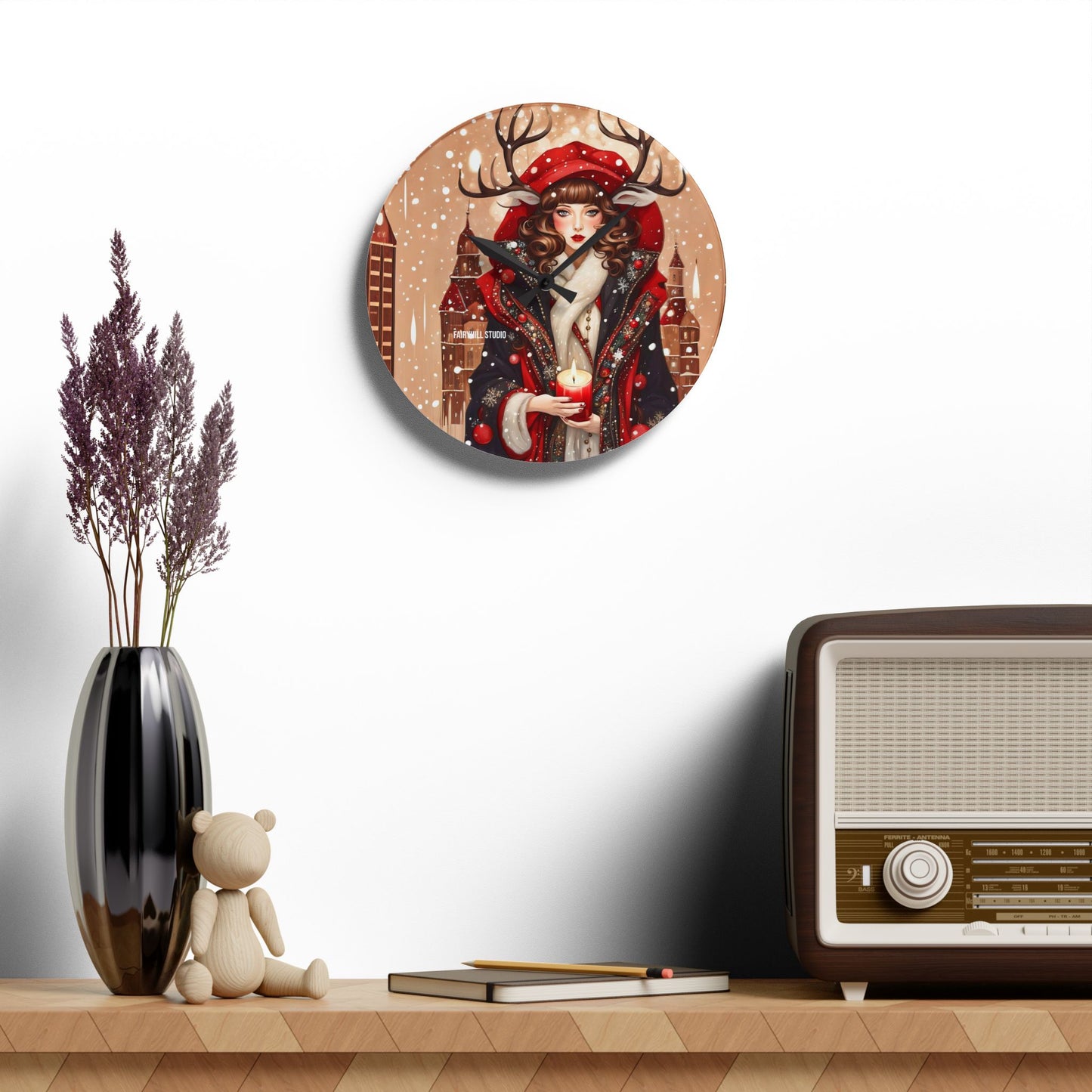 Acrylic Wall Clock -Winter Dear Girl with a Christmas Candle