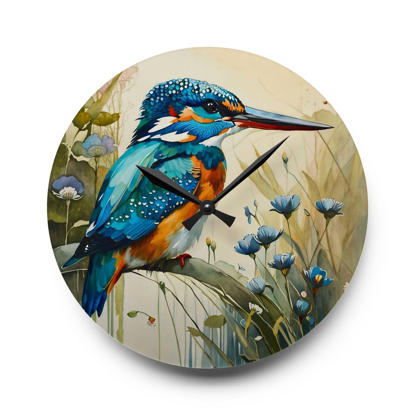 Acrylic Wall Clock - Lovely Colors King Fisher Art by Fairyhill Studio