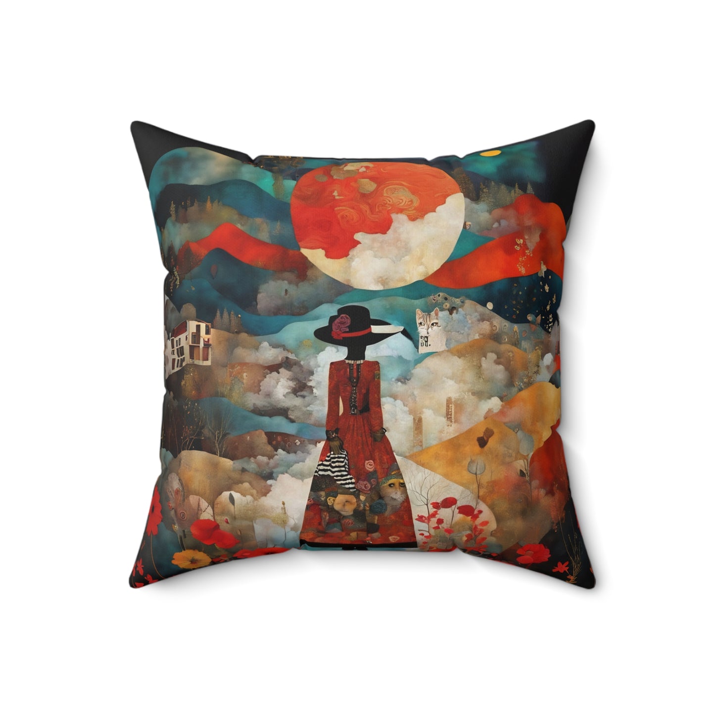 Moon struck/Red poppies Square Pillow - by Fairyhill Studio