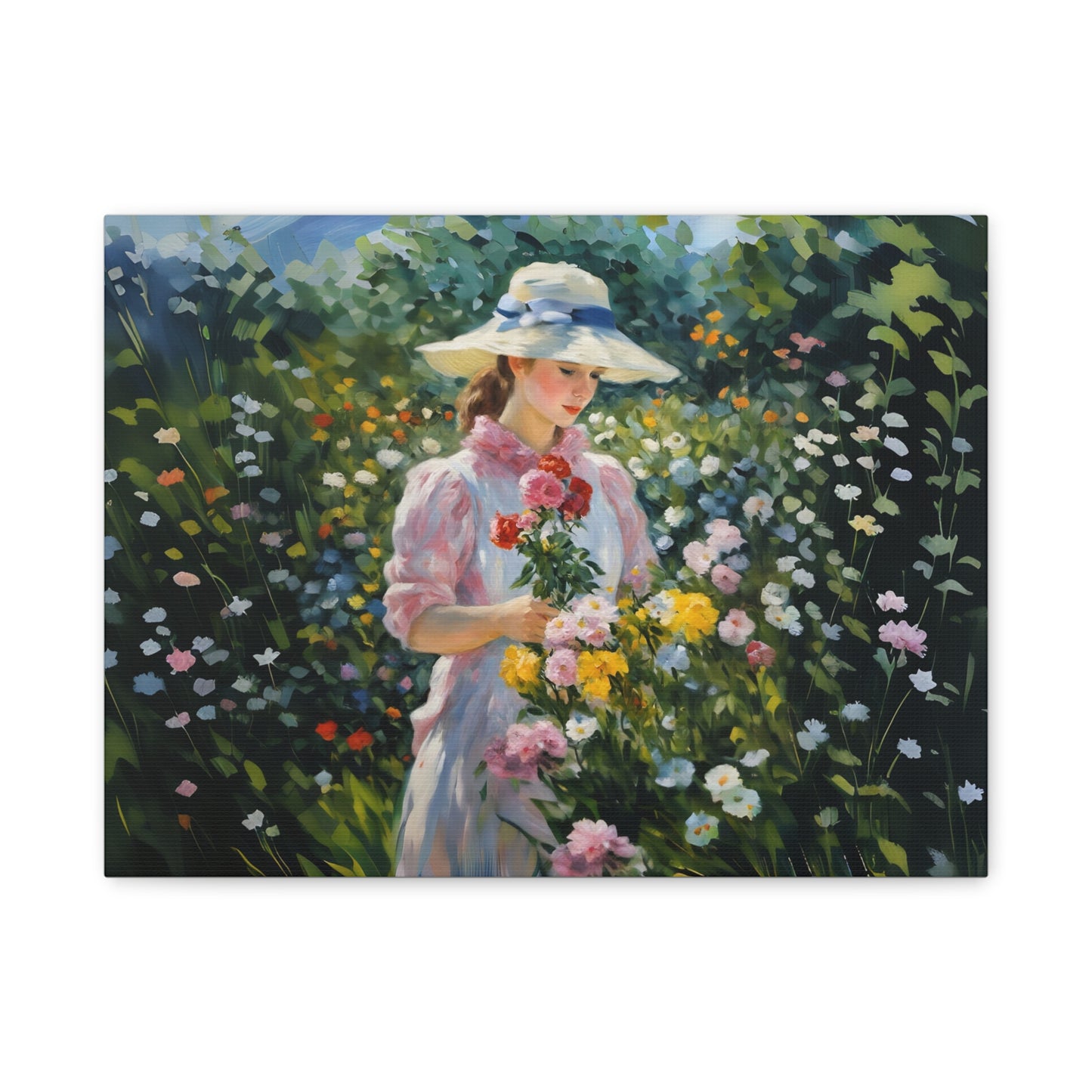 Canvas Art - Monet Style Floral Serenity with Elegant Woman and Flower Basket, Stretched Matte 1 25"