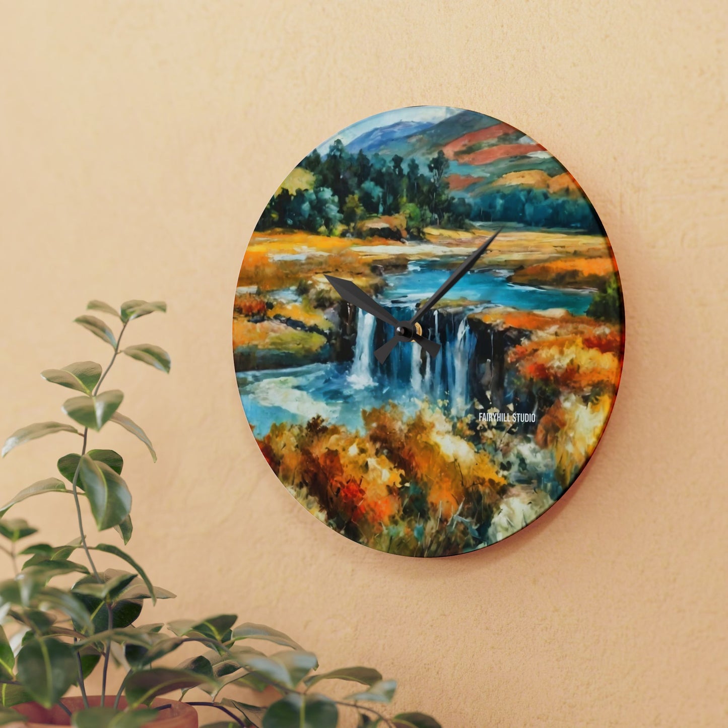 Wall Clock - Village by the Pond Watercolor Art Design