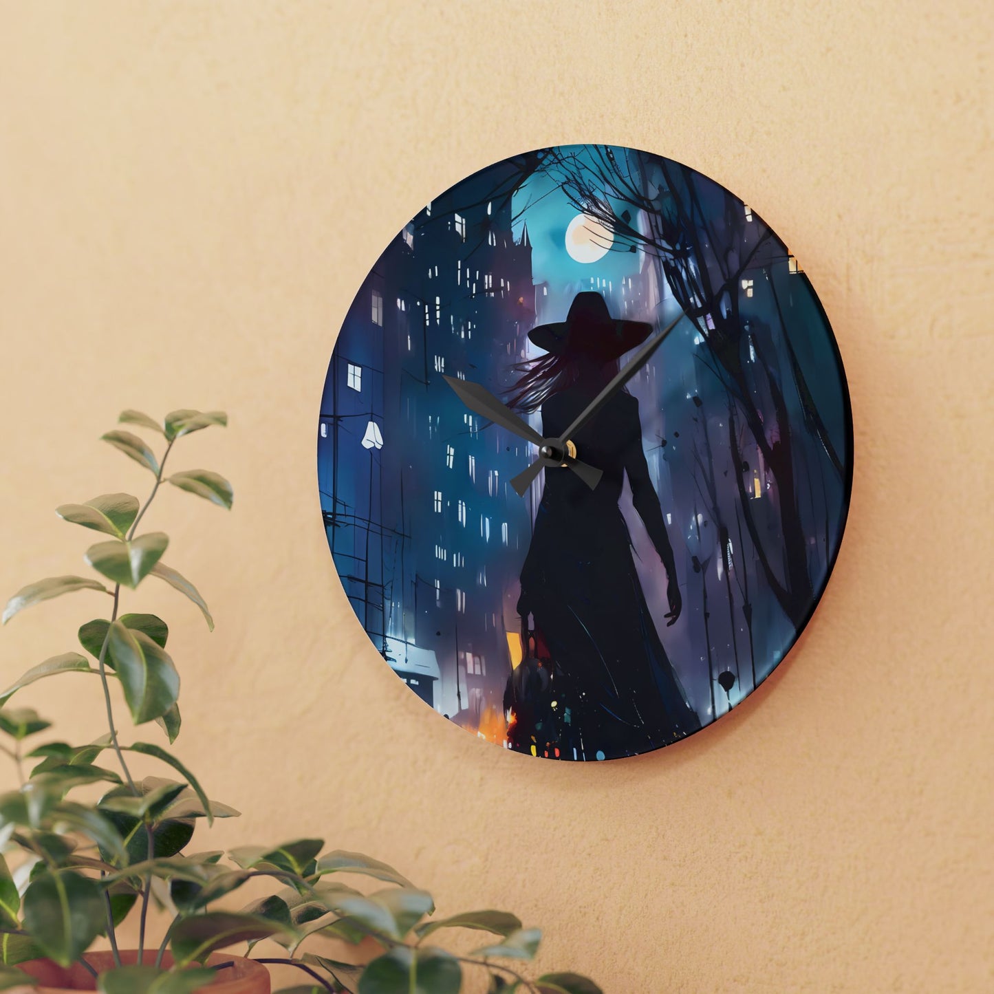 Wall Clock - City Life Night Shopping Witch Acrylic Wall Clock