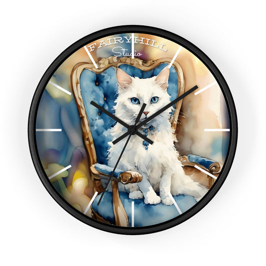 Fairy Hill Studio" White cat "  Wall Clock