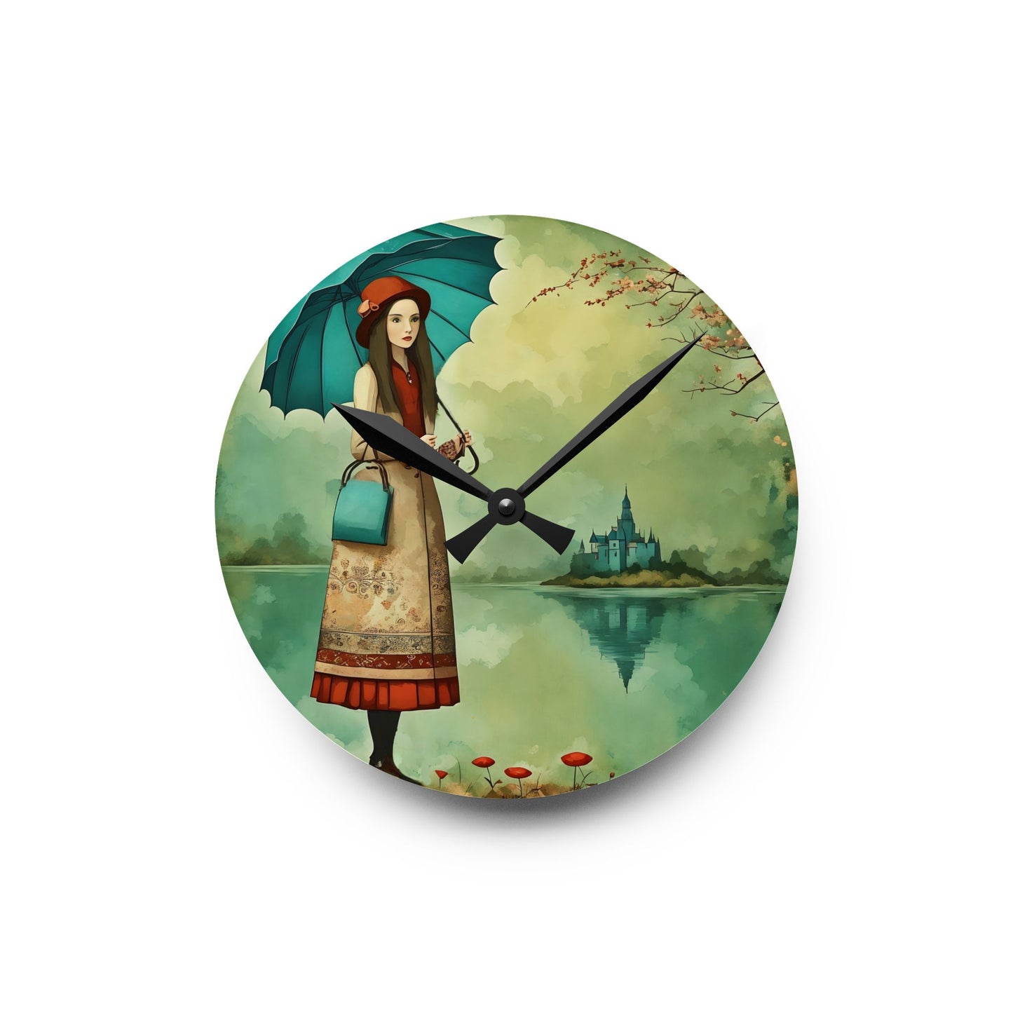 Wall Clock Personalized Journal - Gift Notebook Girl with Umbrella Art by Fairyhill Studio