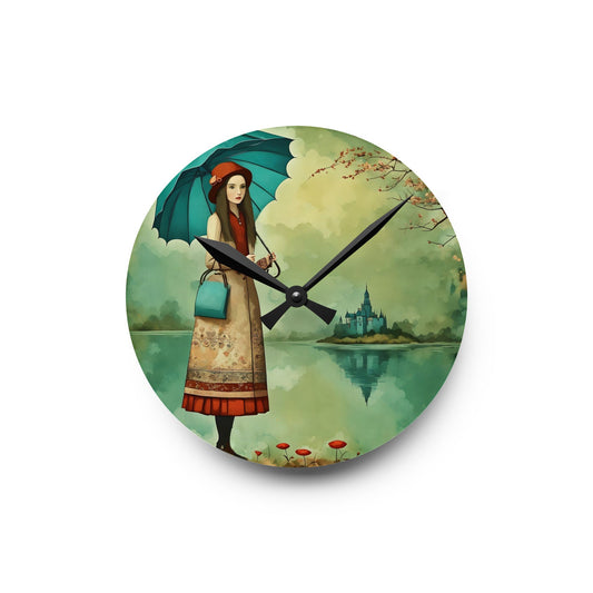 Wall Clock Personalized Journal - Gift Notebook Girl with Umbrella Art by Fairyhill Studio