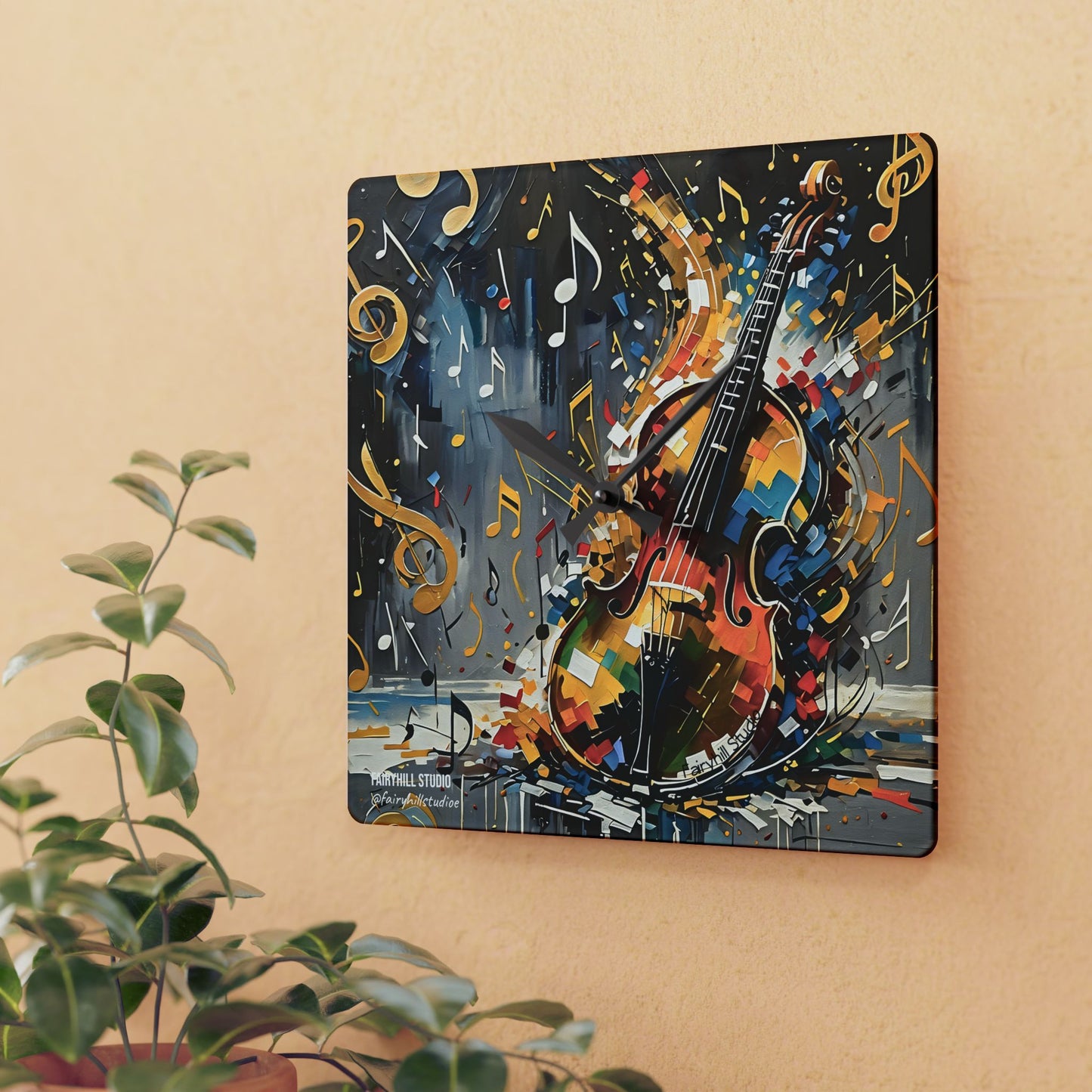Violin Music Notes Acrylic Wall Clock - Holiday Art by Fairyhill Studio