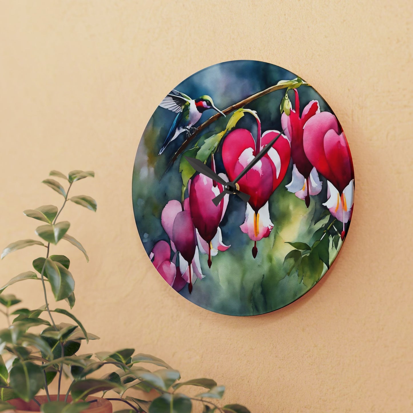 Wall Clock - Watercolor Bleeding Heart Flowers and Hummingbird Art by FairyHill Studio