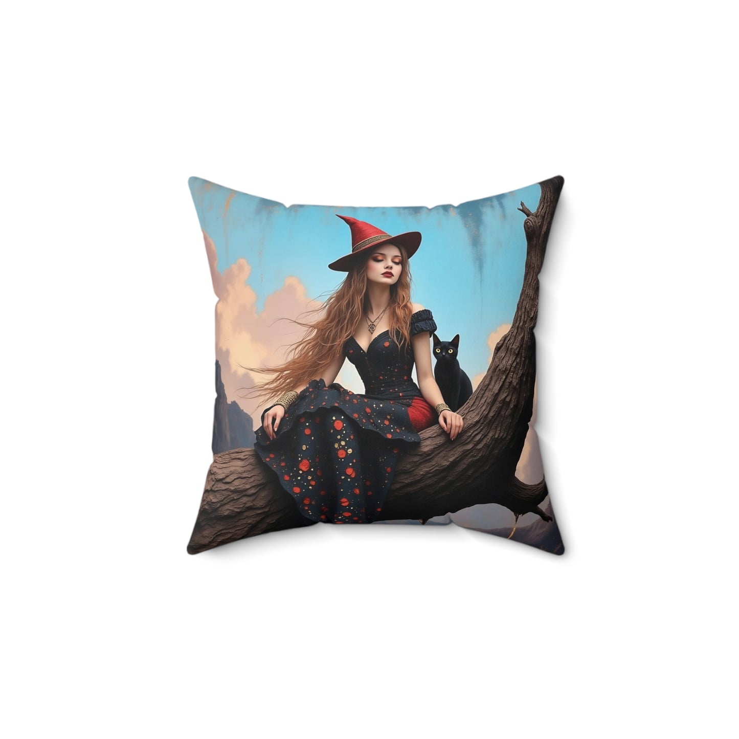 Elegant witch with black cat Square Pillow - by Fairyhill Studio