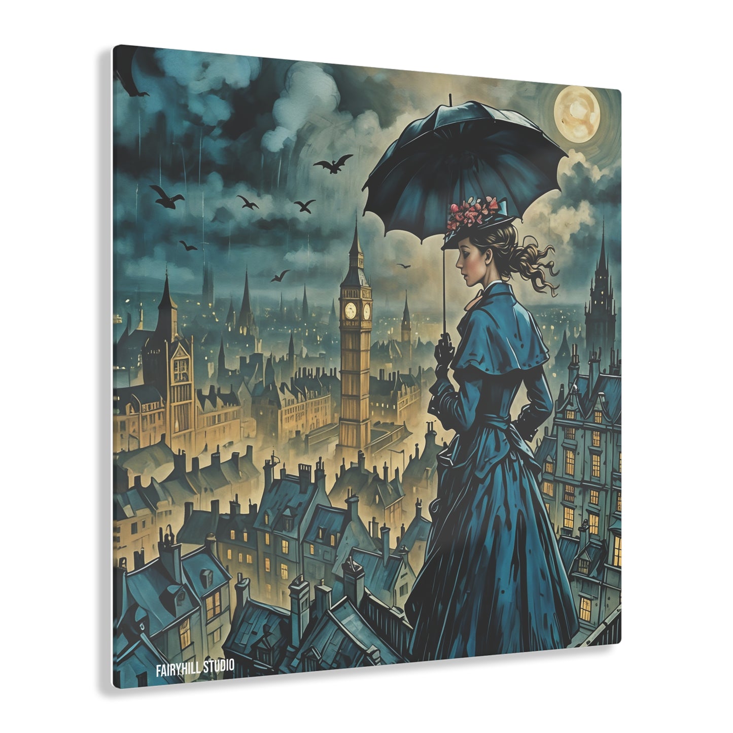 Art Acrylic Prints Marry Poppins on a London City roof top under rain