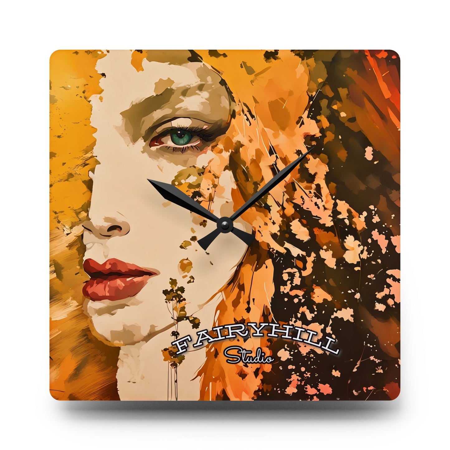 Wall Clock - Golden Dreams Art by Fairyhill Studio featuring Woman in Golden Tones