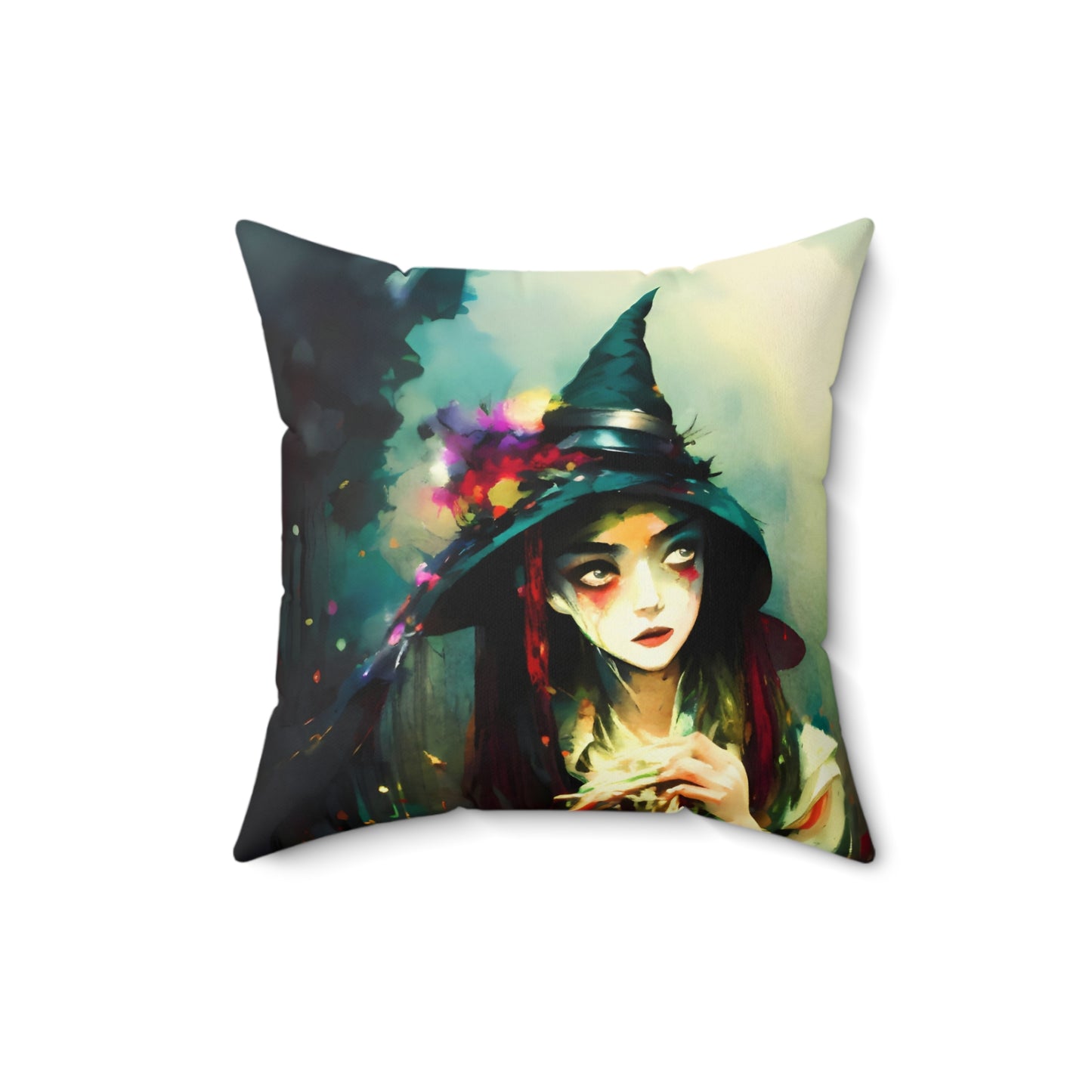 Square Pillow - Colorful Halloween Witch Pillow by Fairyhill Studio