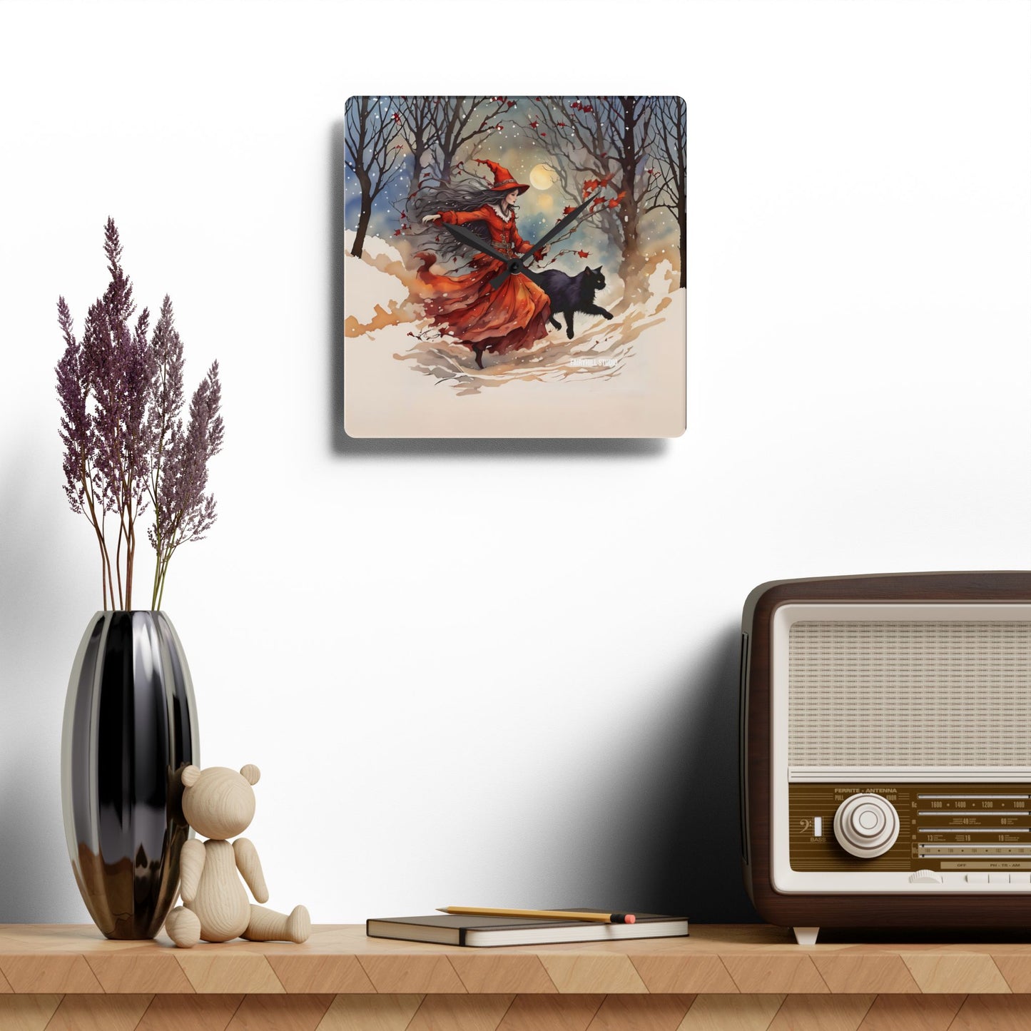 Acrylic Wall ClockThe Crimson Witch and black cat /Art