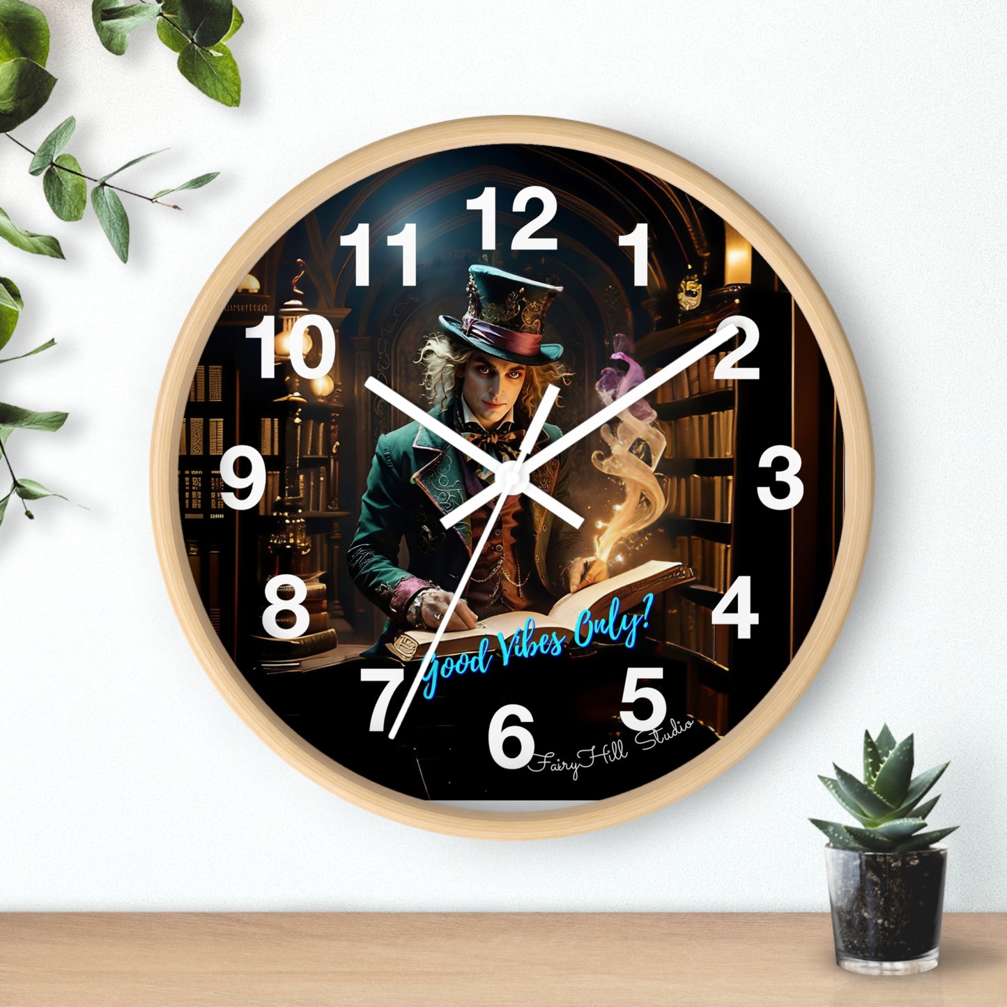 Whimsical Wall Clock - Good Vibes Only, Mad Hatter in a  Library Design
