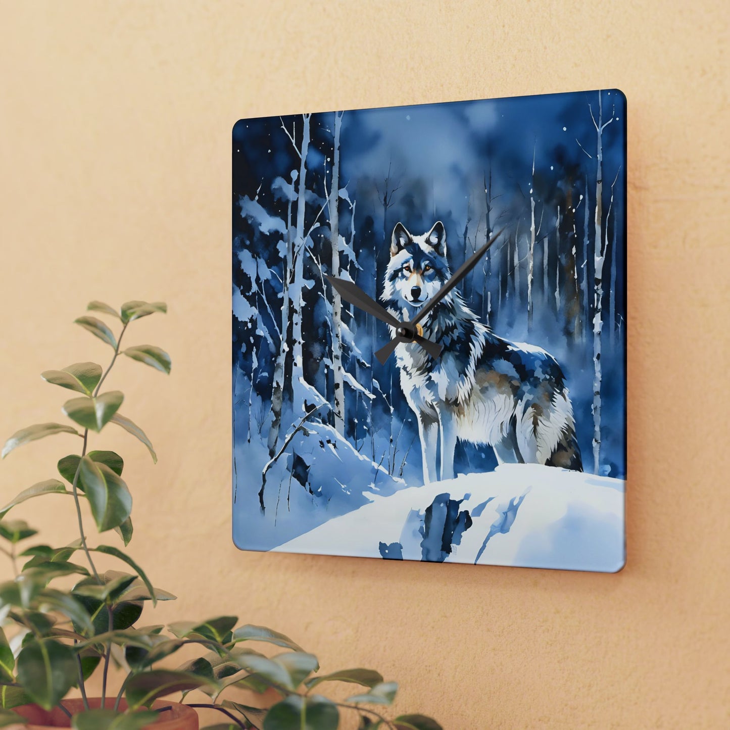 Acrylic Wall Clock - Winter Wolf at Night Blue/Black Art by Fairyhill Studio