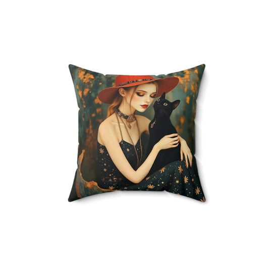 Girl with black cat  Square Pillow - by Fairyhill Studio