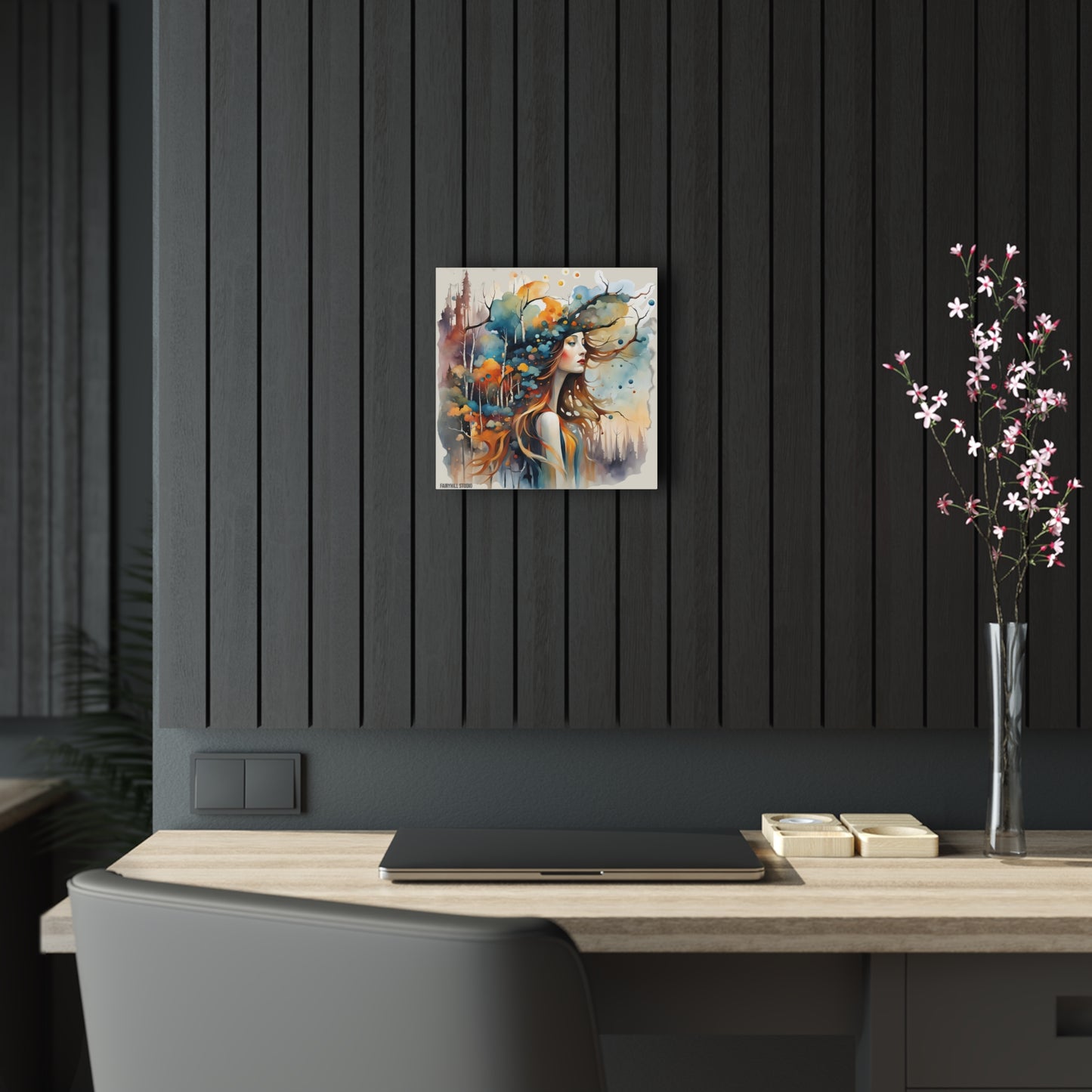 Art Acrylic Prints - Rainbow Colors Watercolor Beautiful Girl with Hat