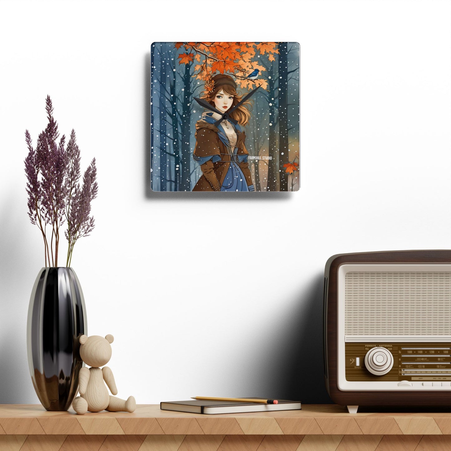 Acrylic Wall Clock - Blue Bird and Girl in Winter Clothing - Autumn to Winter Snow Theme