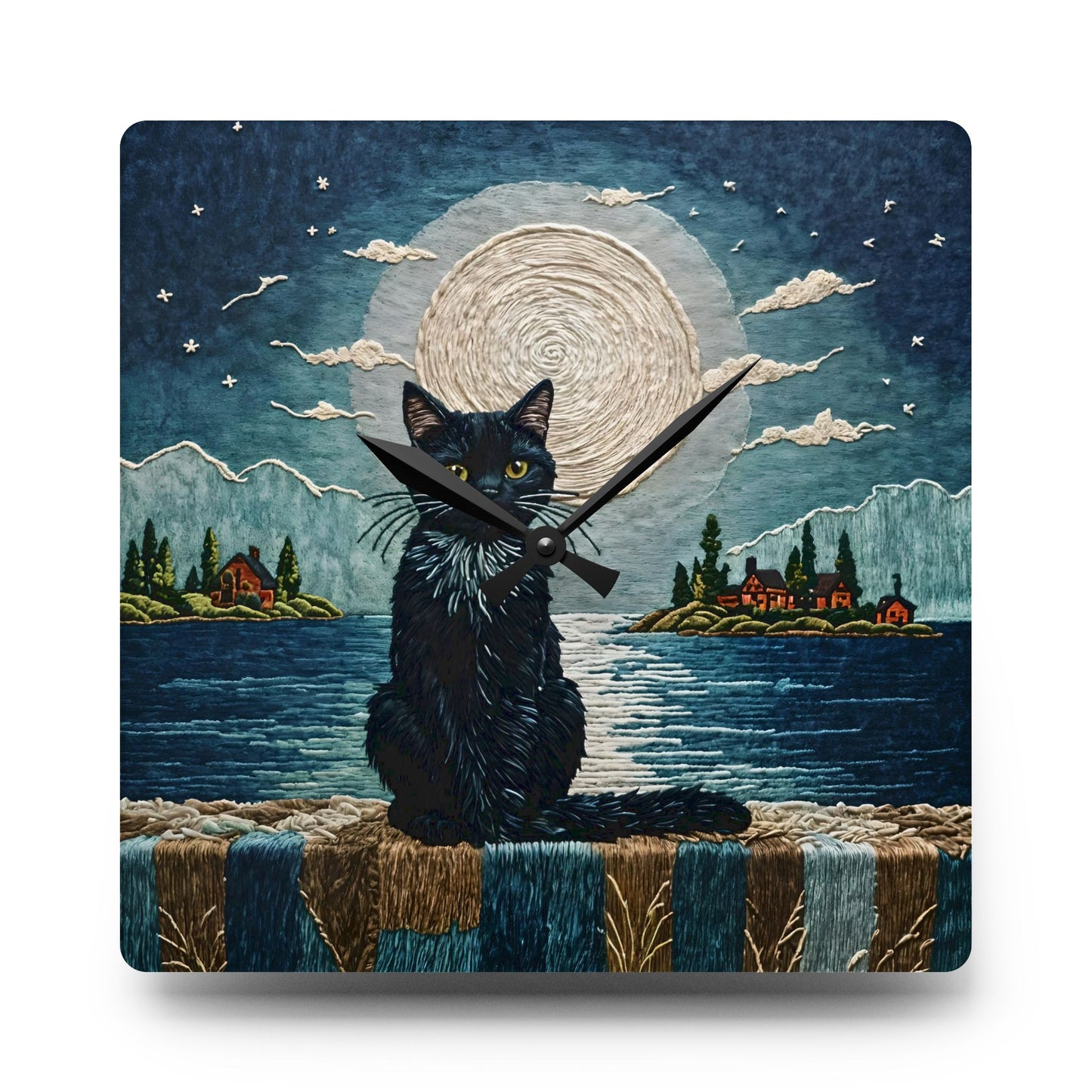 Acrylic Wall Clock - Black Cat Sea Moonlight Art by Fairyhill Studio