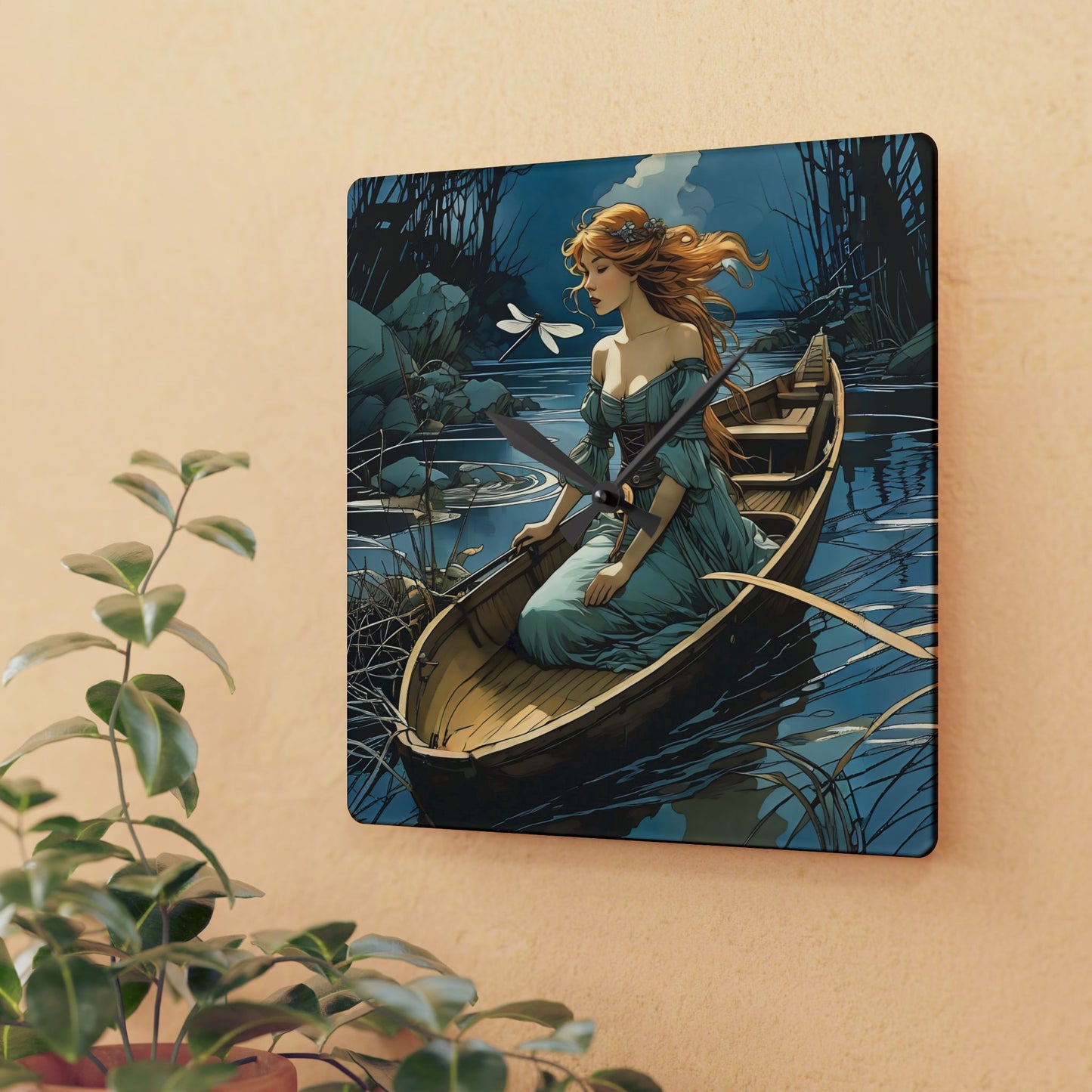Acrylic Wall Clock Woman in a boat with a Dragonfly