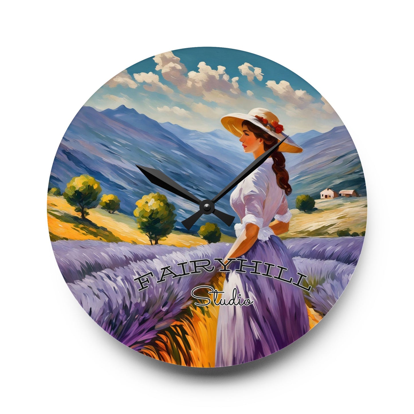 Wall Clock - Lovely Lady with Summer Hat Lavender Long Dress in Lavender Field Art by Fairyhill Studio