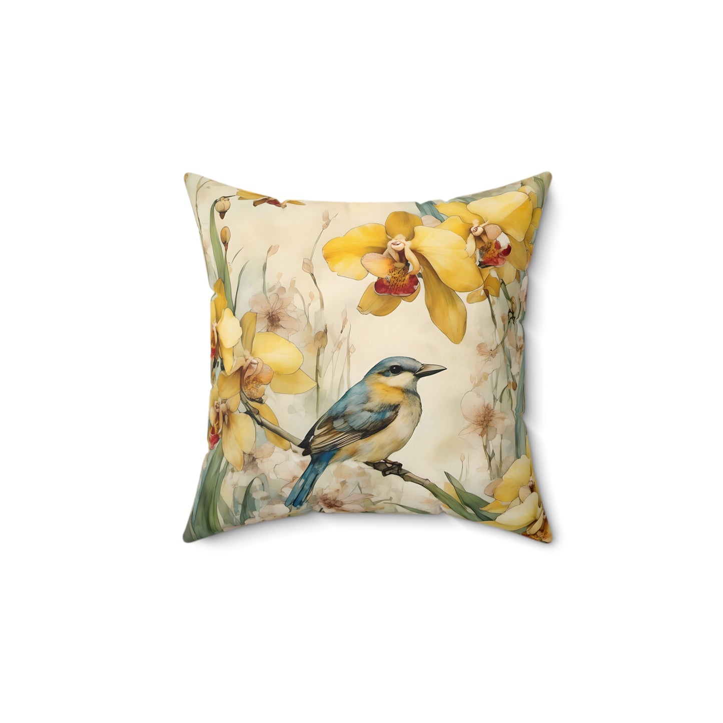 Square Pillow - Yellow Bird Sitting on a Bush - Pastel Tones - Fairyhill Studio Art