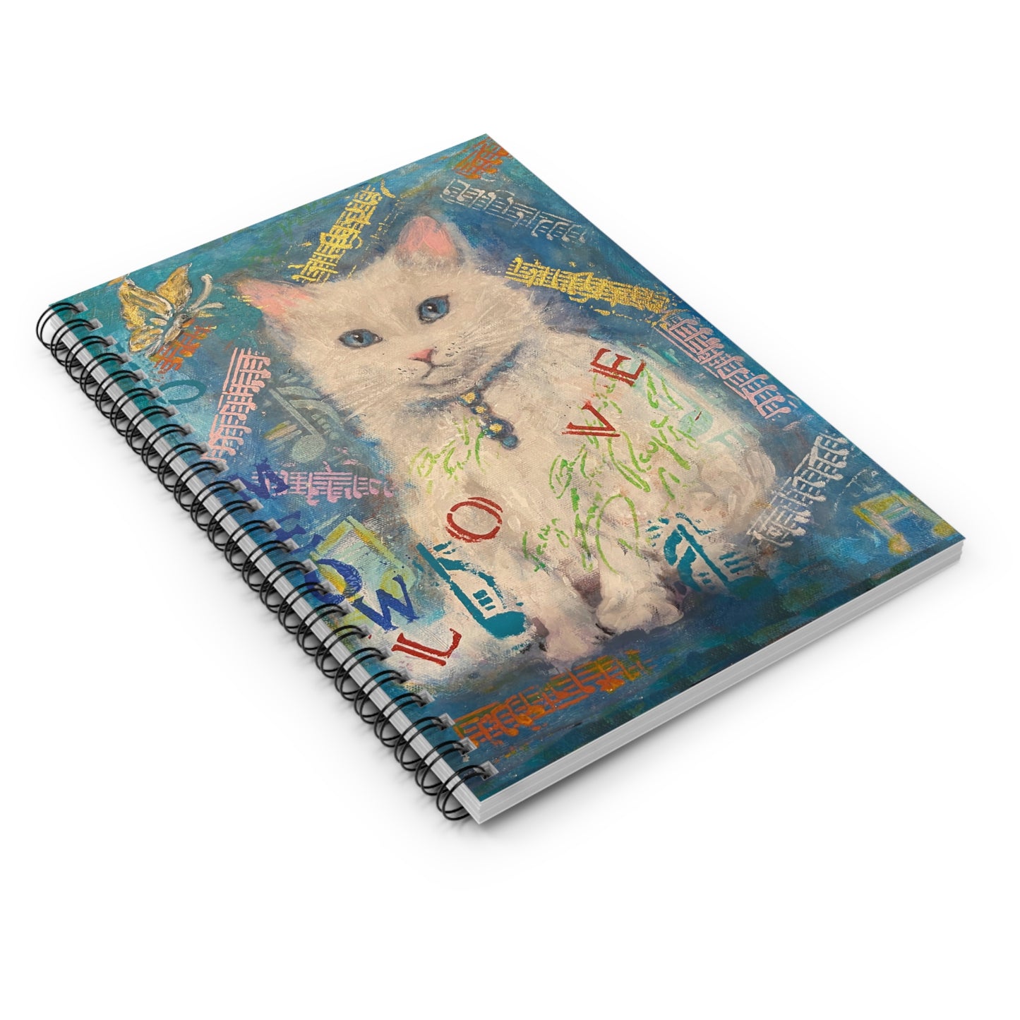 Ruled Line Spiral Notebook - White Cat with Blue Eyes