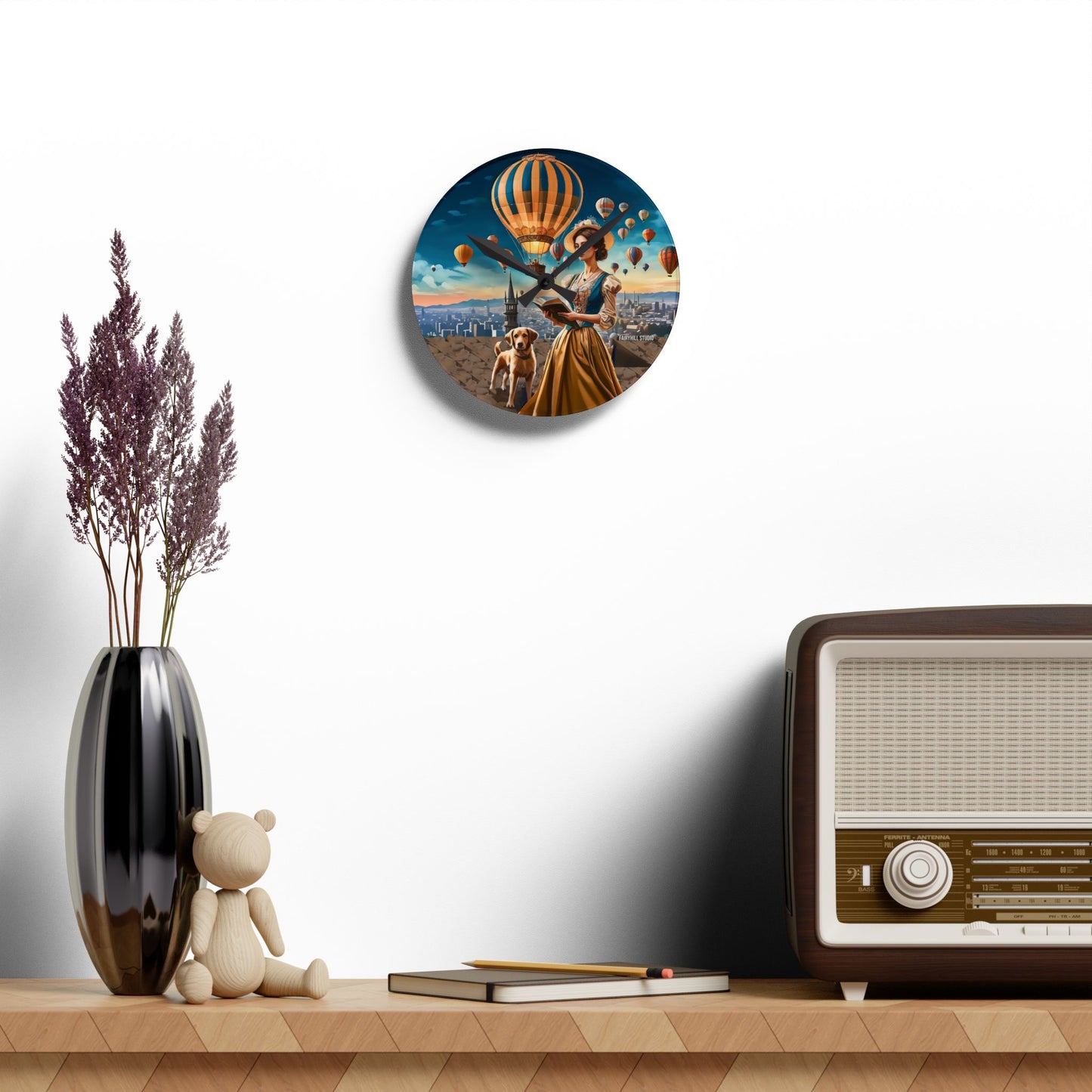 Wall Clock - Hot Air Balloons and Victorian Girl Reading with Dog Design