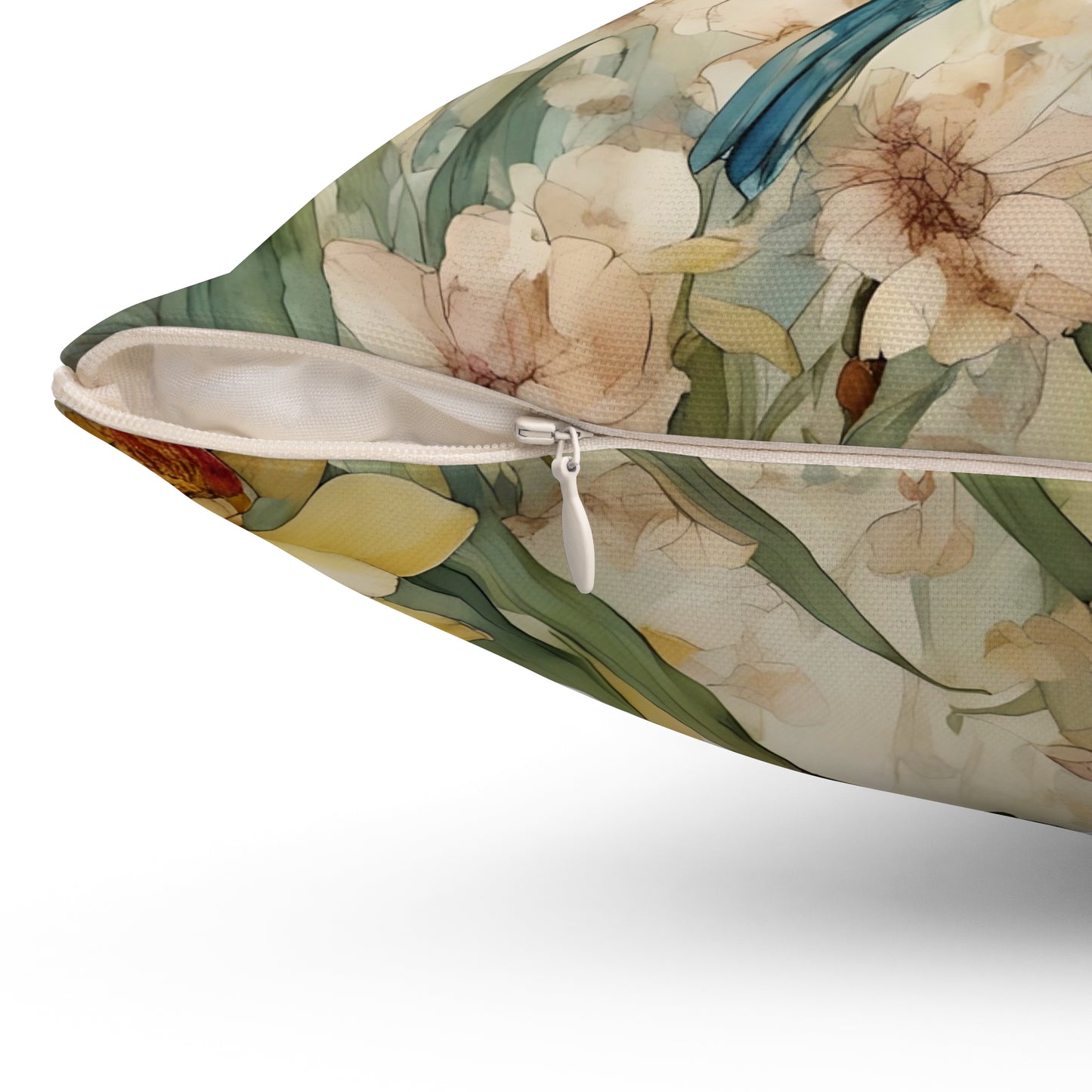 Square Pillow - Yellow Bird Sitting on a Bush - Pastel Tones - Fairyhill Studio Art