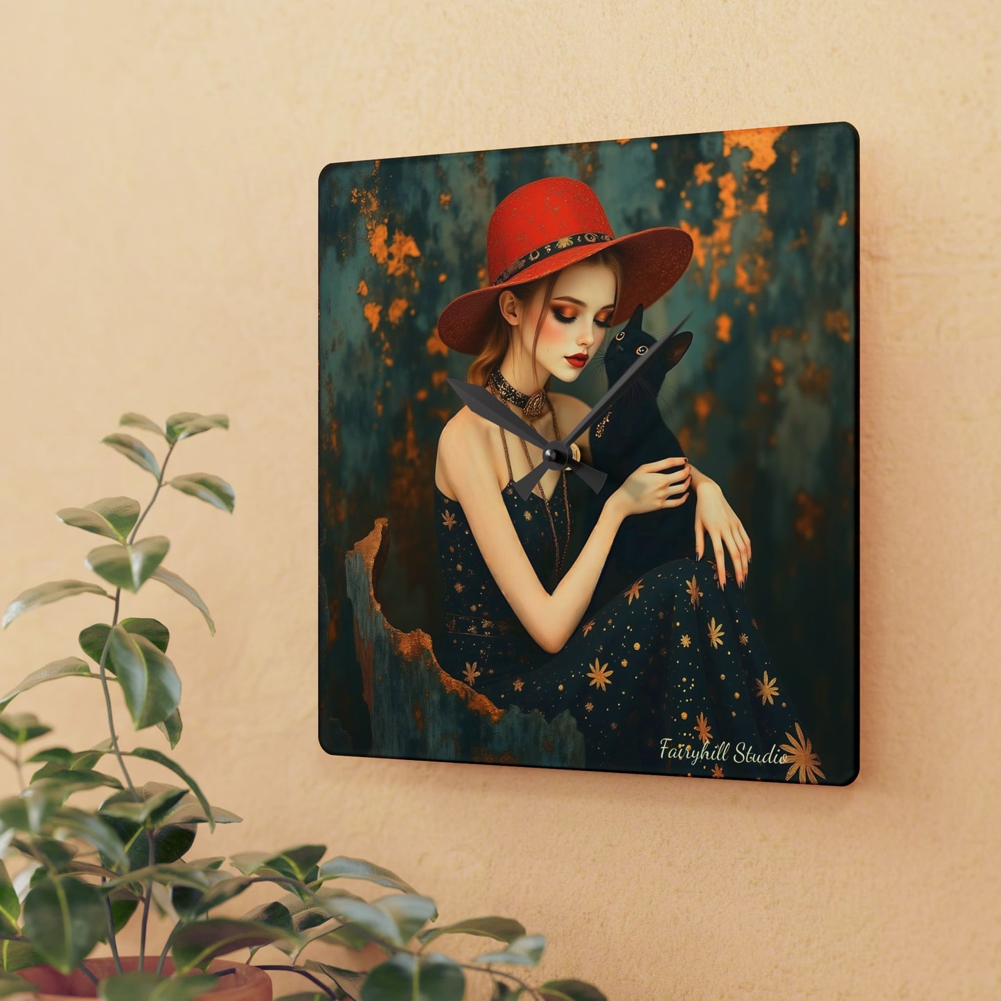 Girl with black cat Wall clock Gift Acrylic Wall Clock